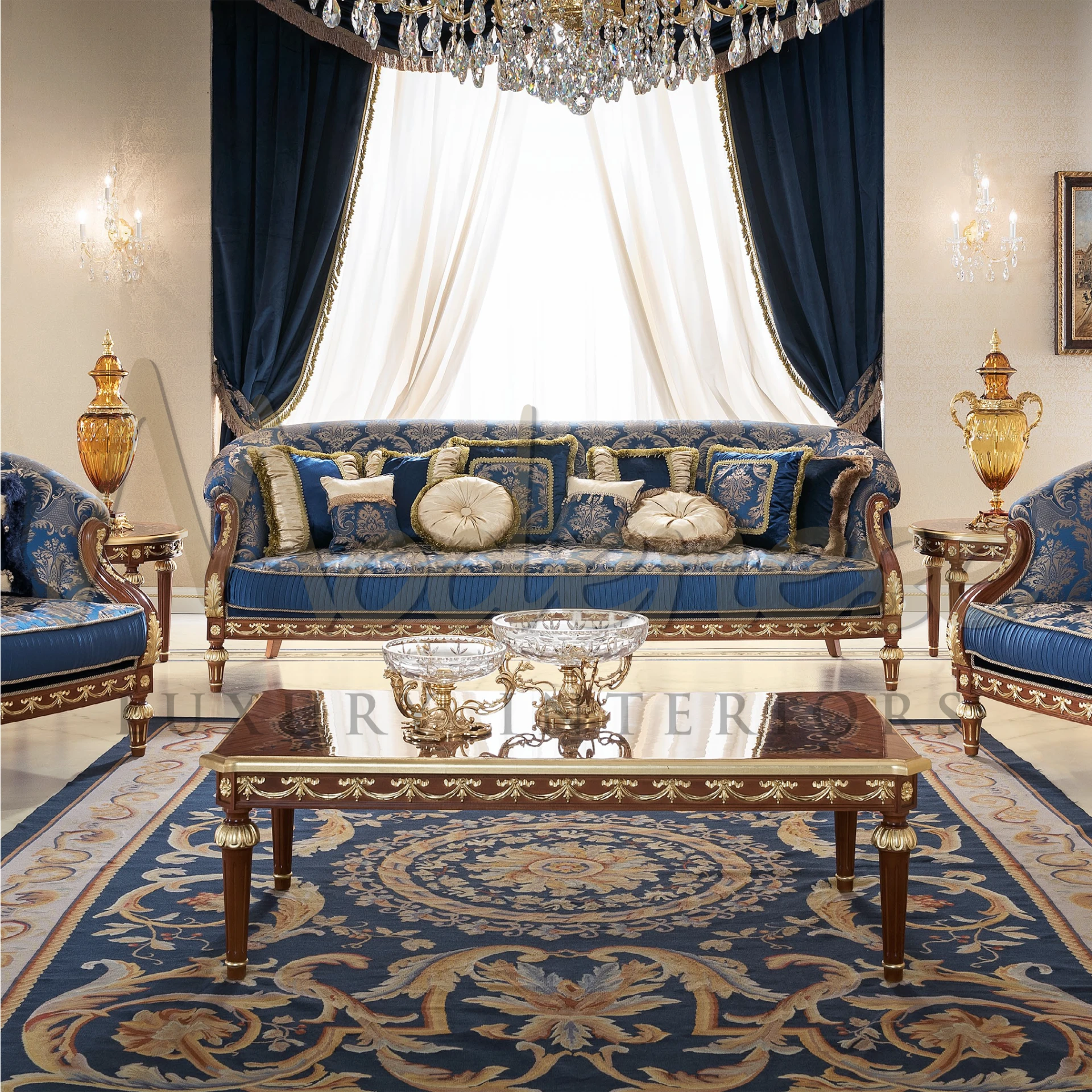 Elegant Imperial Blue Pillow, made in Italy, representing the epitome of luxury and nobility in textile design.