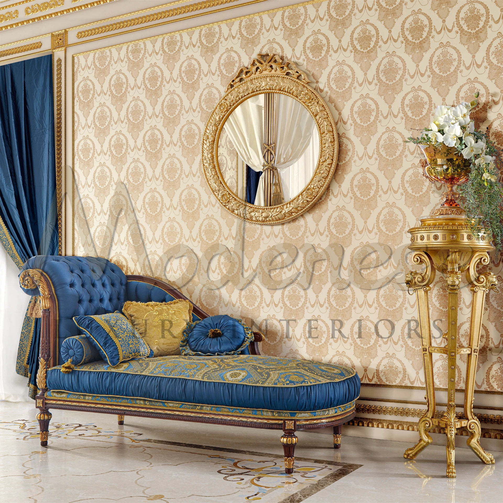 Luxury meets tradition in the Classical Round Blue Pillow, featuring Italian craftsmanship and timeless aesthetics."