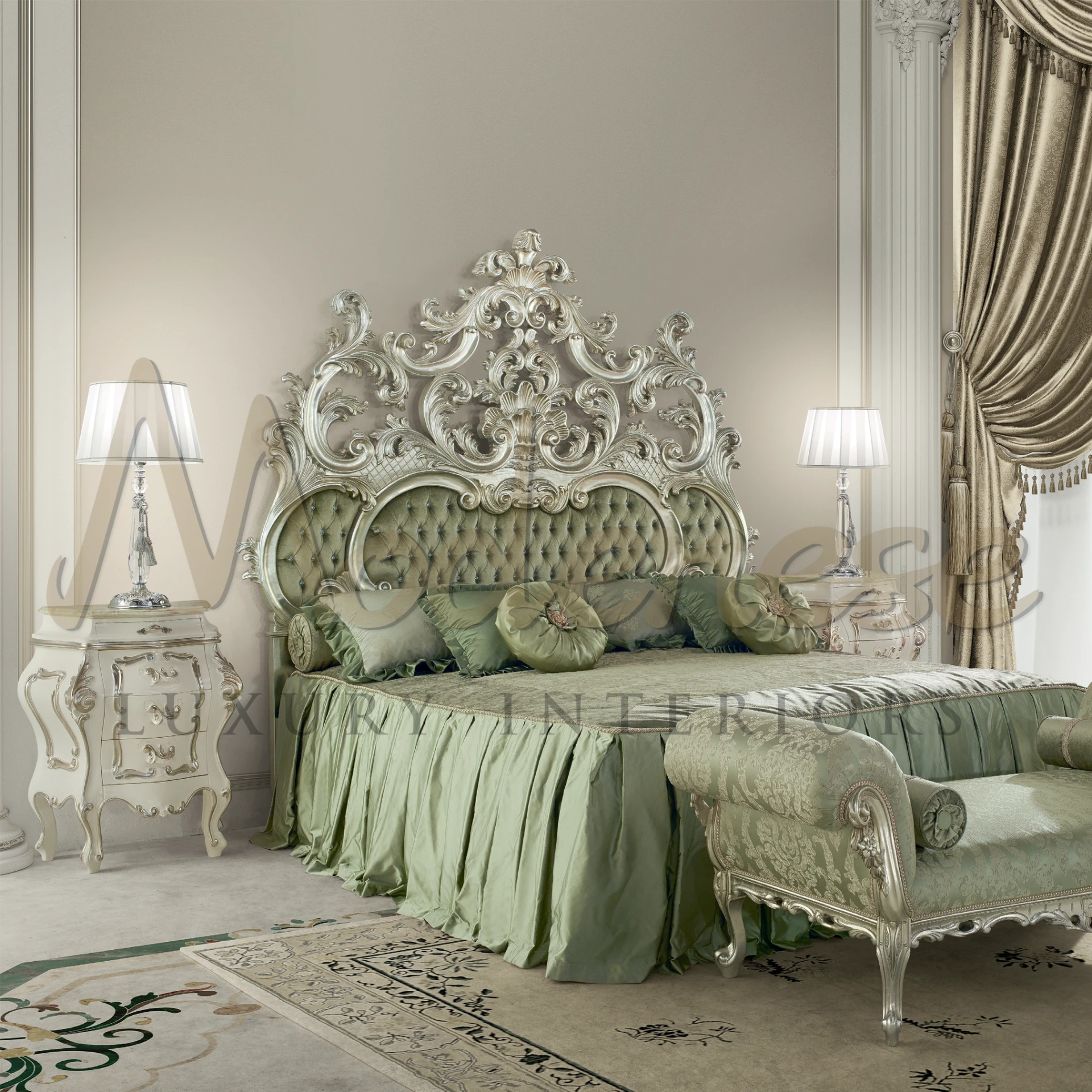 Classic bed featuring the Victorian Round Pillow, exuding a sense of refined beauty and timeless charm in bedroom decor.