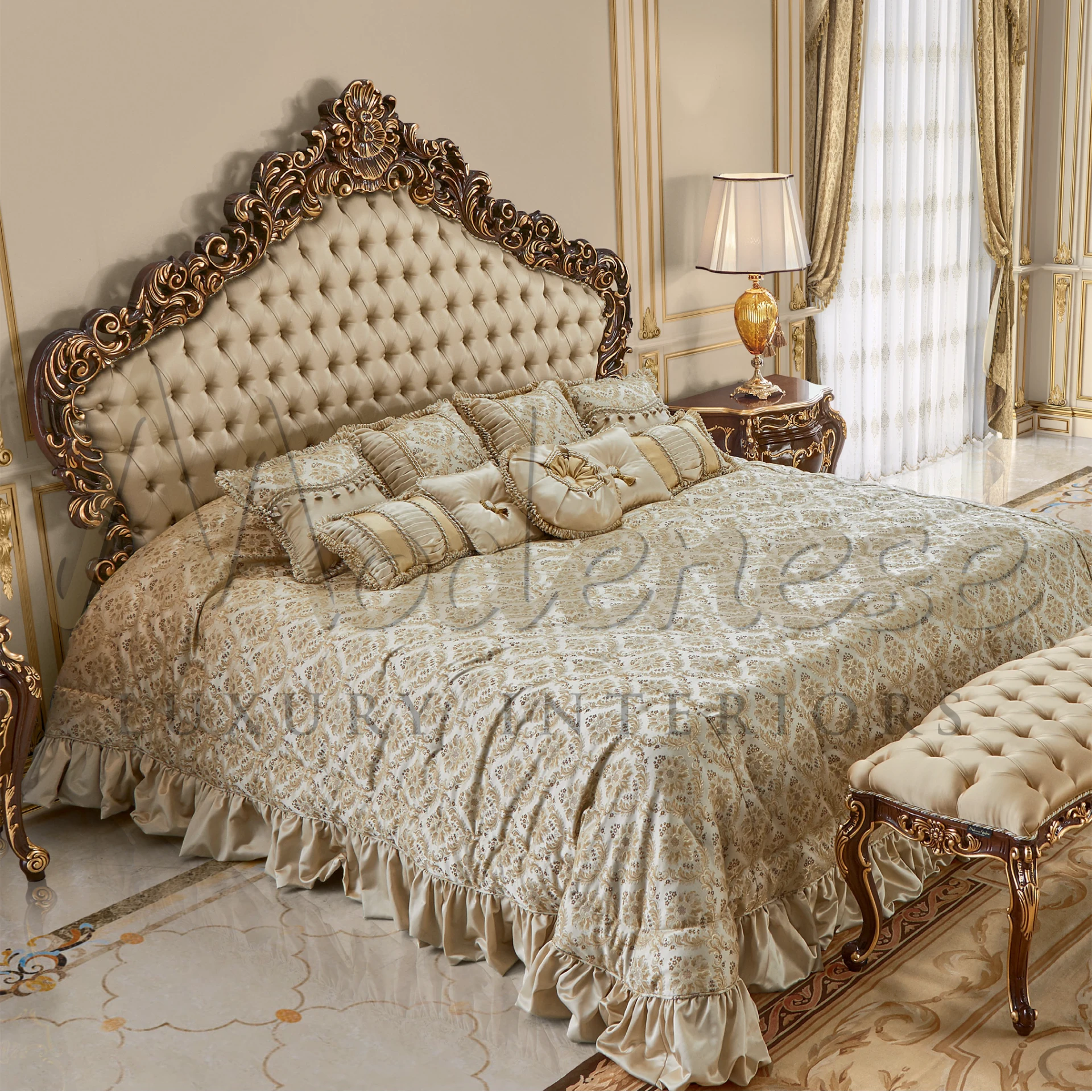 Classic bed featuring the Traditional Beige Pillow, embodying timeless beauty and enhancing the decor with its subtle charm.