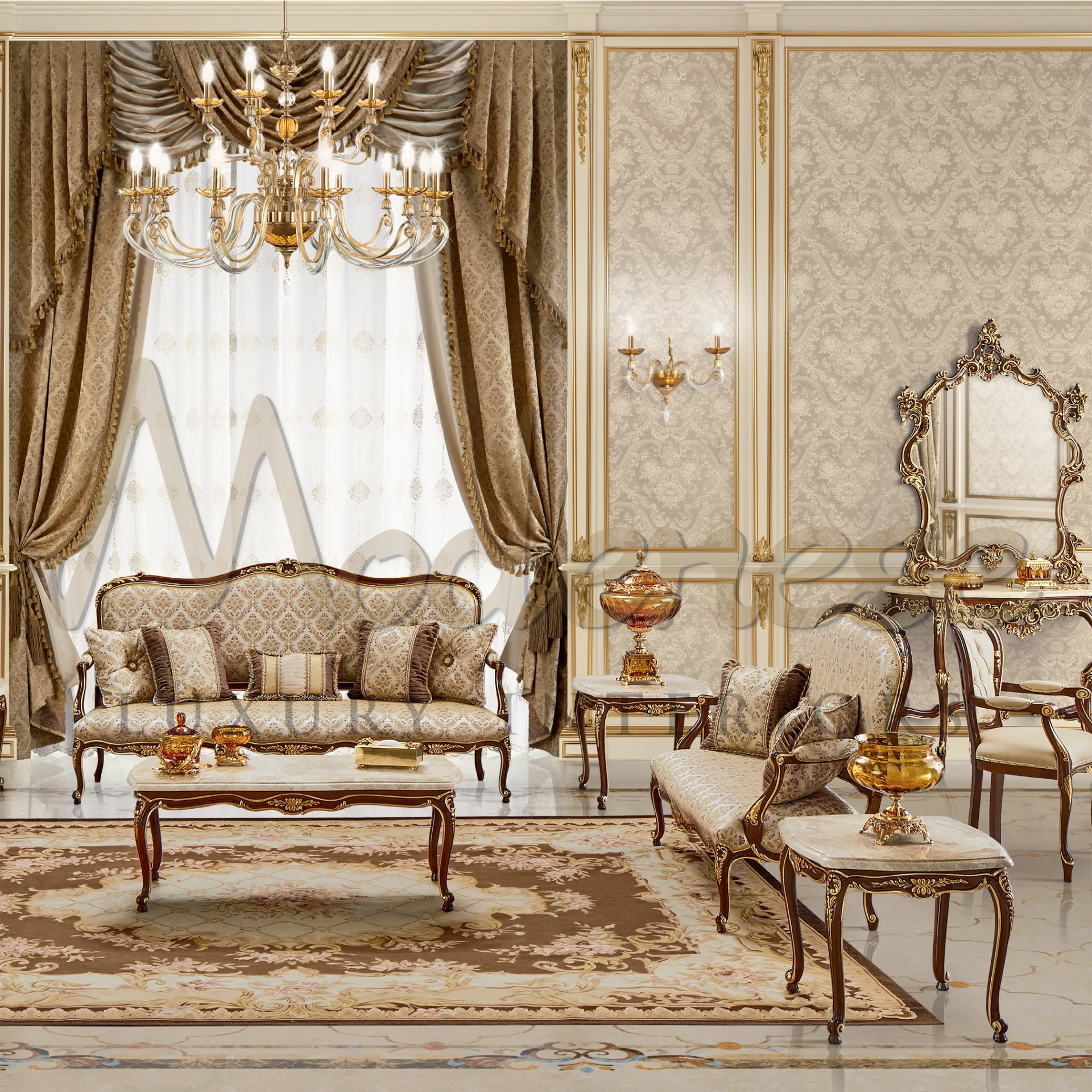 Elegant armchair featuring the Royal Beige Pillow, a striking accent that symbolizes sophistication and royal charm.