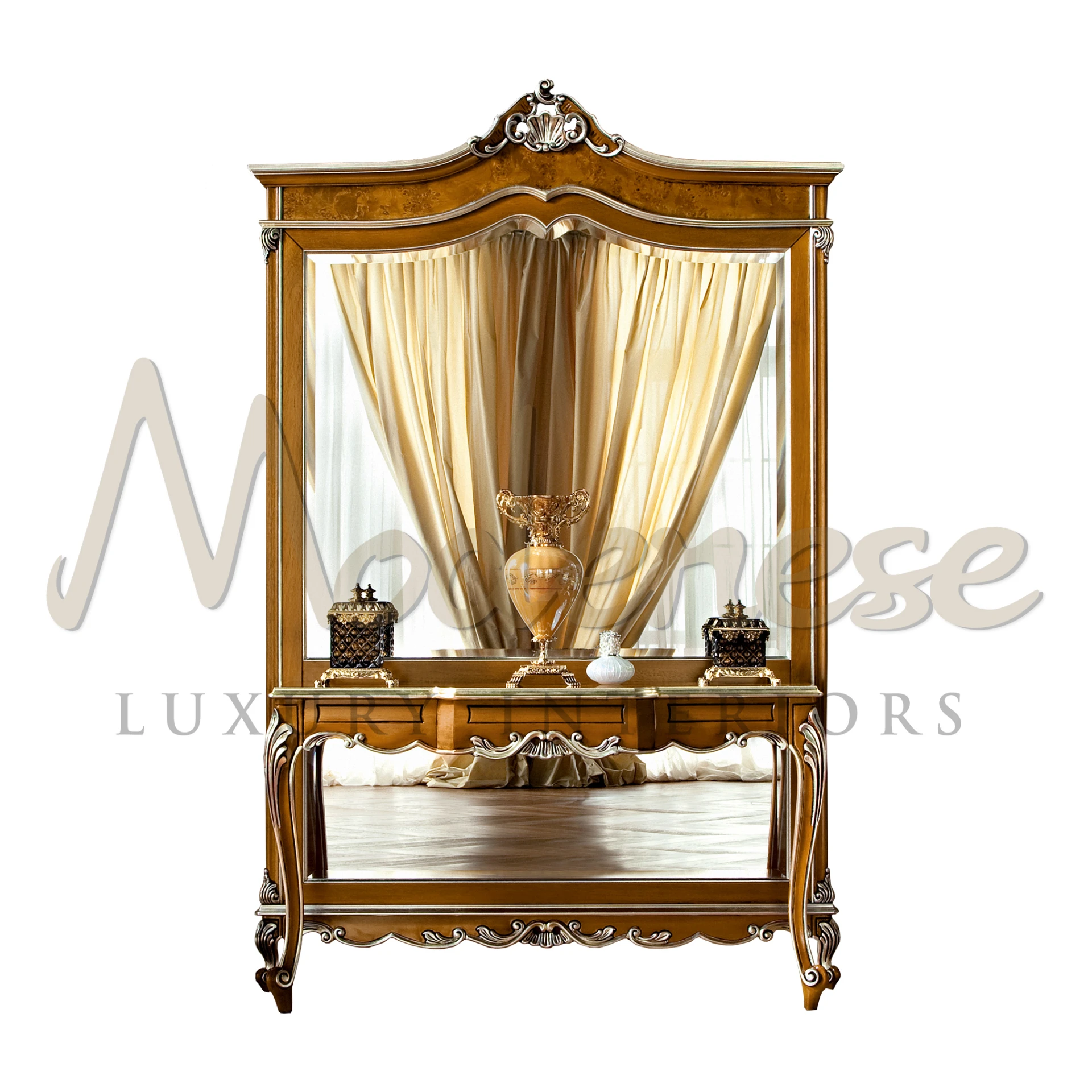 Luxurious Neoclassical Console: Silver Leaf Details for Timeless Charm