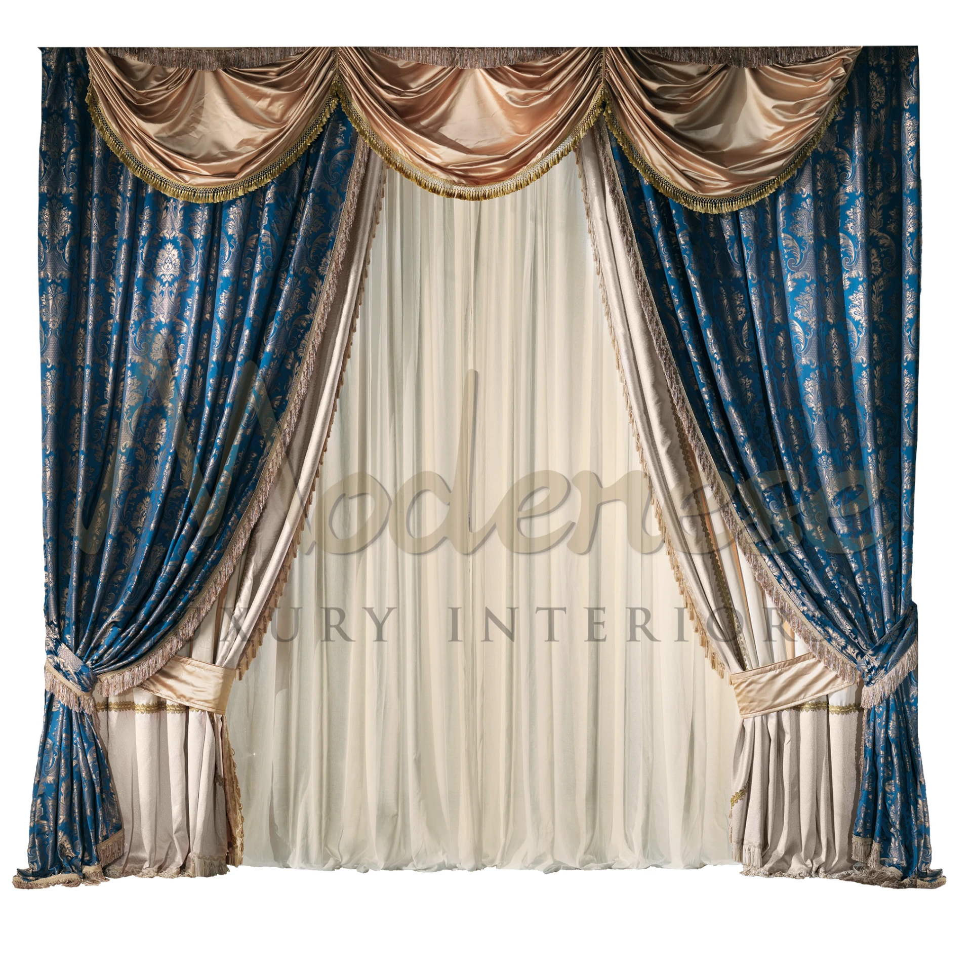Royal Blue Classical Curtains in an interior, offering a regal and sophisticated touch with their deep, opulent color and design.