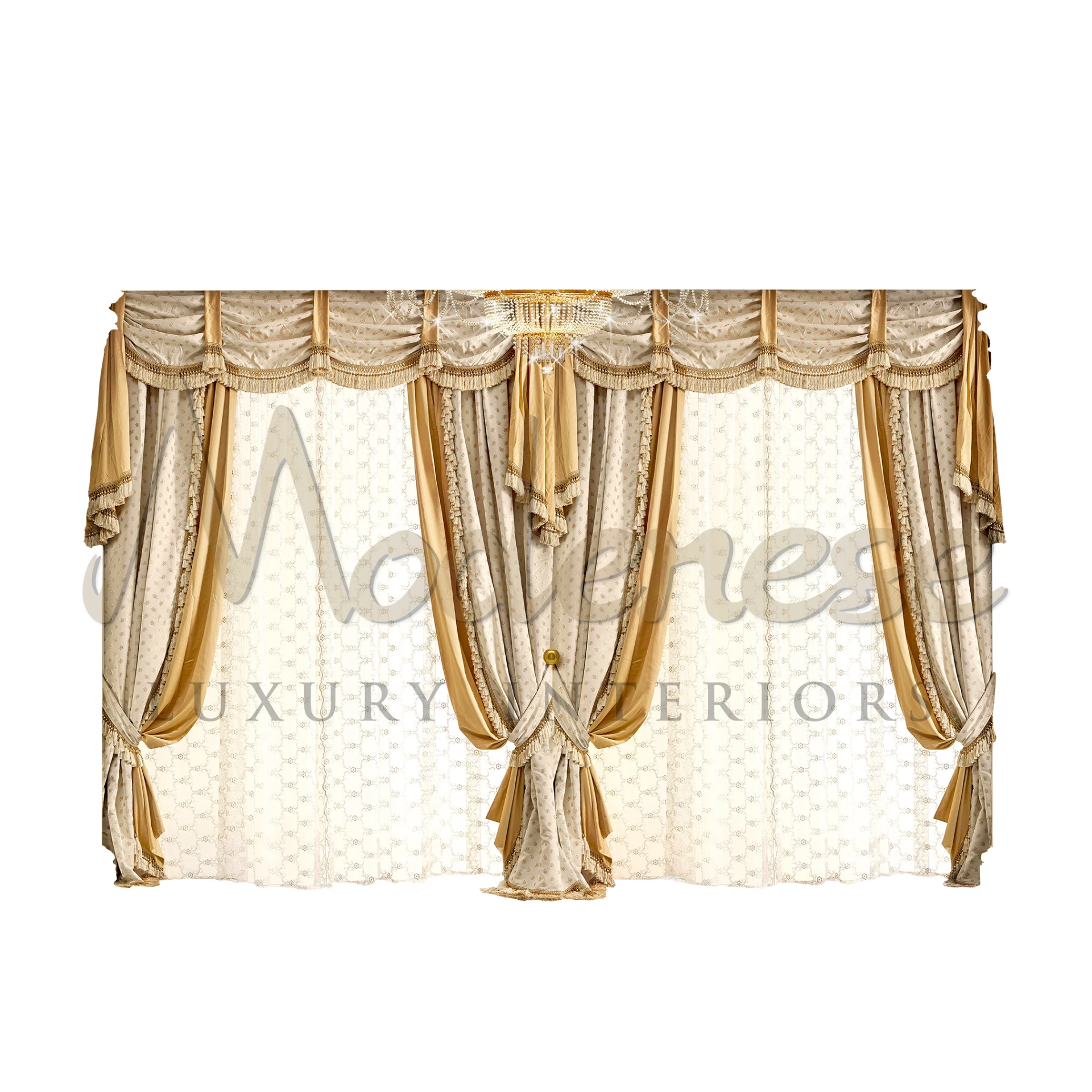 Baroque Beige Silk Curtains, enhancing the room with their luxurious fabric and subtle sheen, offering elegance and versatility.