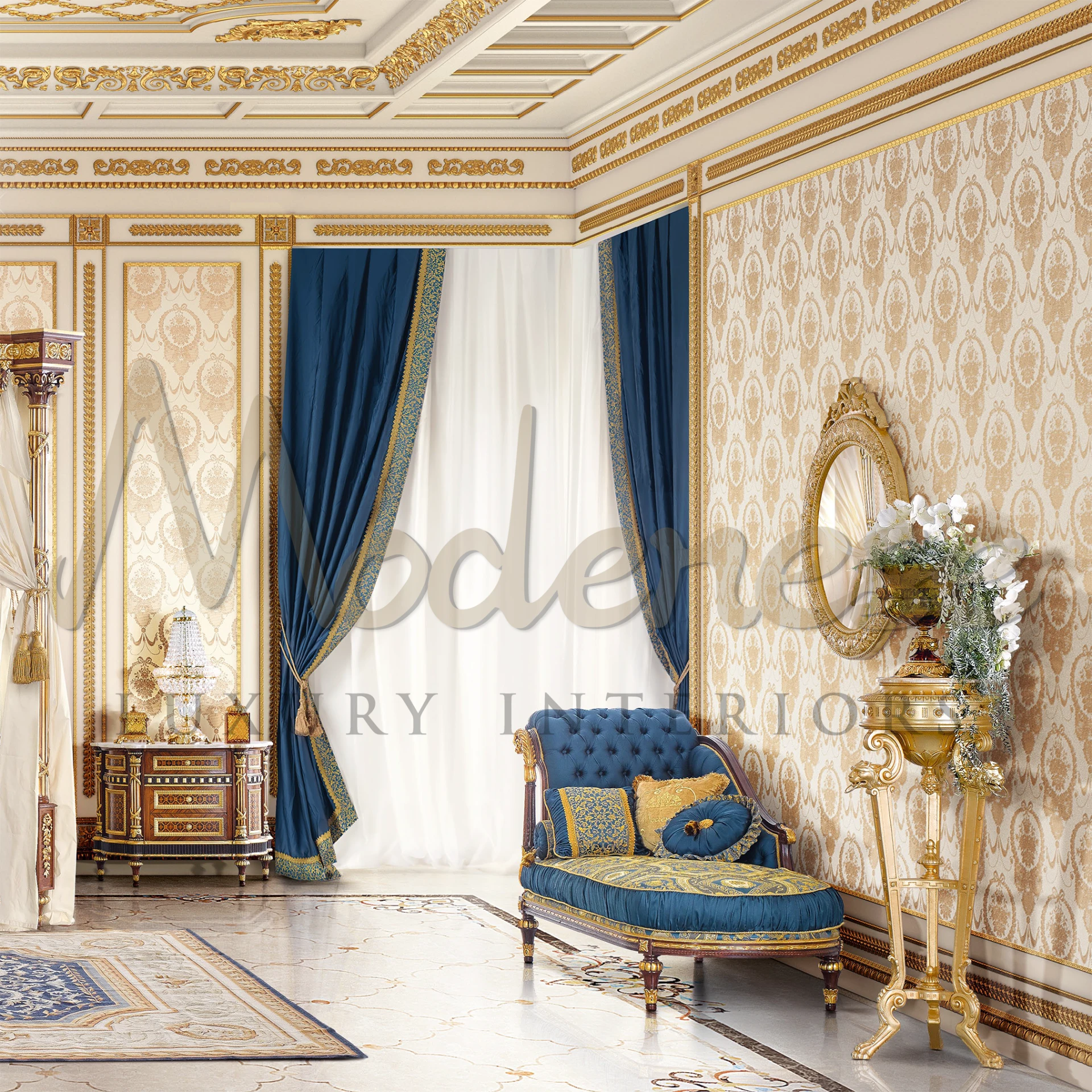 Luxurious Royal Blue Designer Curtains from Modenese Interiors, crafted with high-quality textiles, epitomizing sophistication.