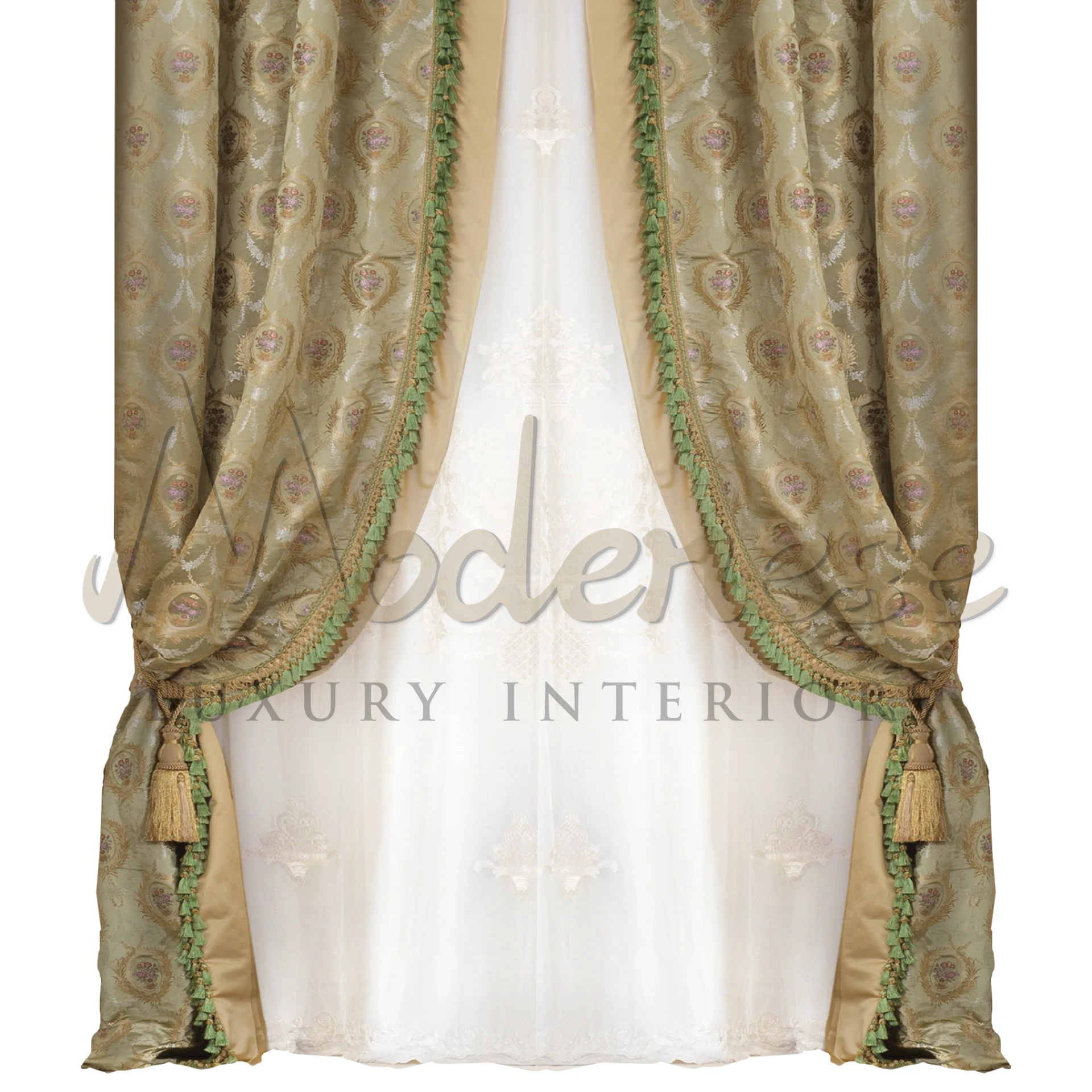 Traditional Pattern Silk Curtains with delicate damask motifs, showcasing timeless elegance and intricate craftsmanship.