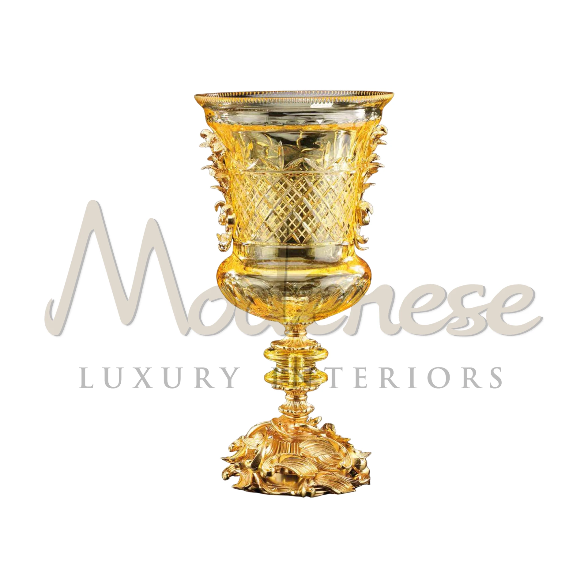 Gorgeous glass vase with classic gold leaf design, adding a touch of luxury and elegance to interior spaces