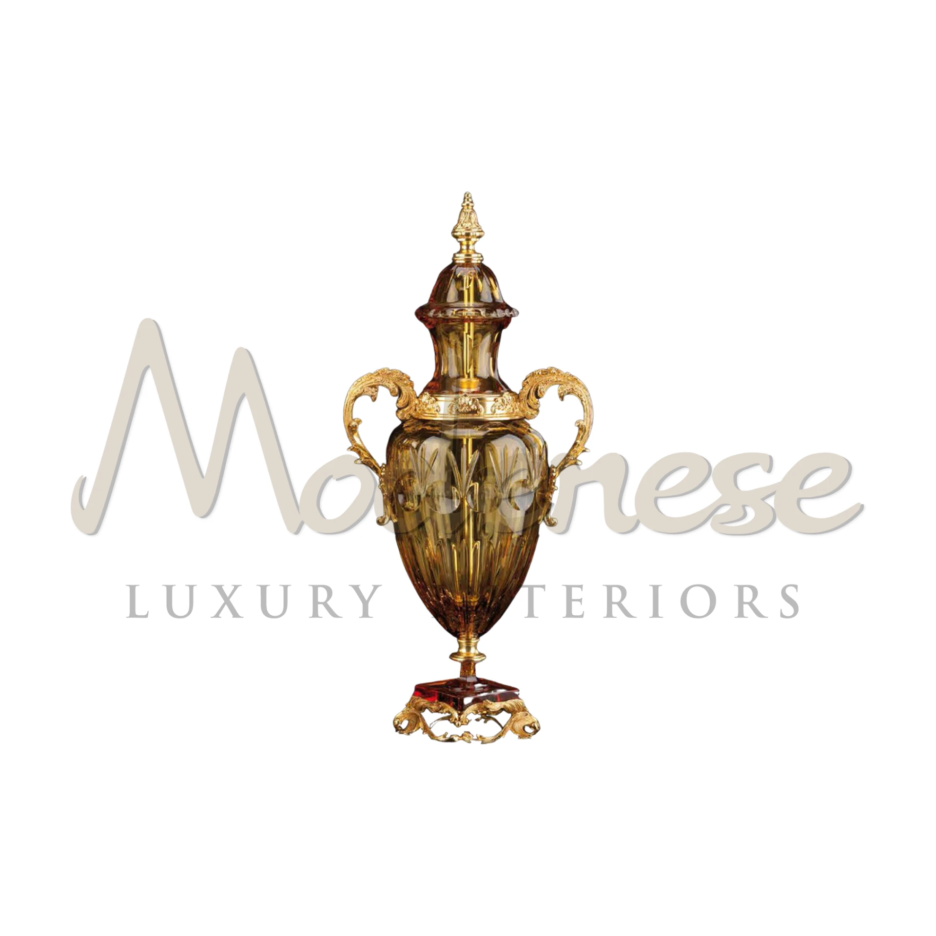 Amber Imperial Amphora with handles, a Modenese Furniture classic, showcasing hand-blown glass and gold-leaf detail.
