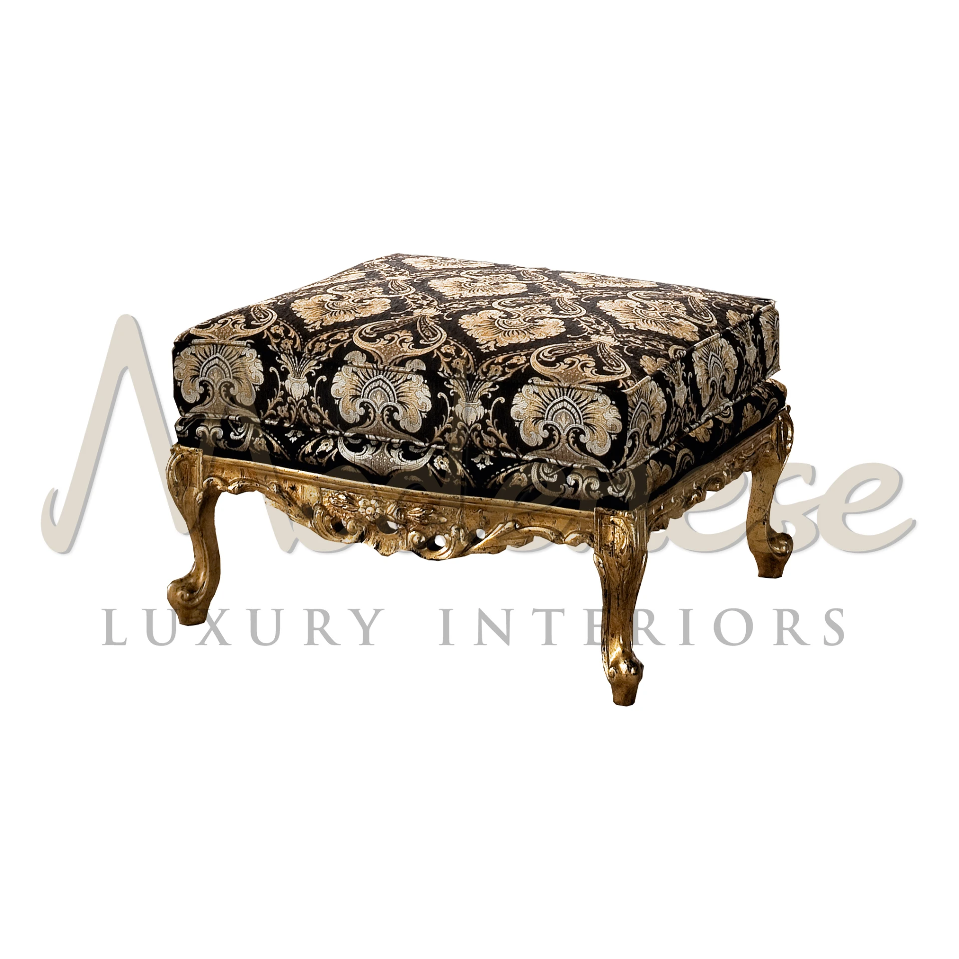 Elevate Your Décor: Baroque Black Damask Pouf for Timeless Luxury