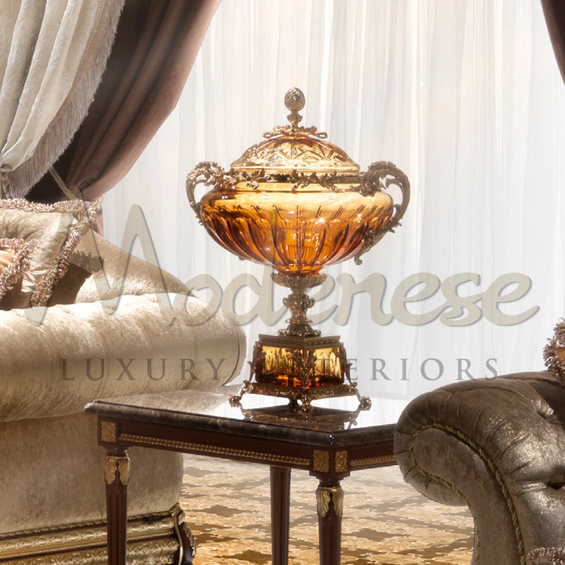 Elegant luxury crystal vase, adorned with gold accents, showcasing timeless beauty in high-end interior design.