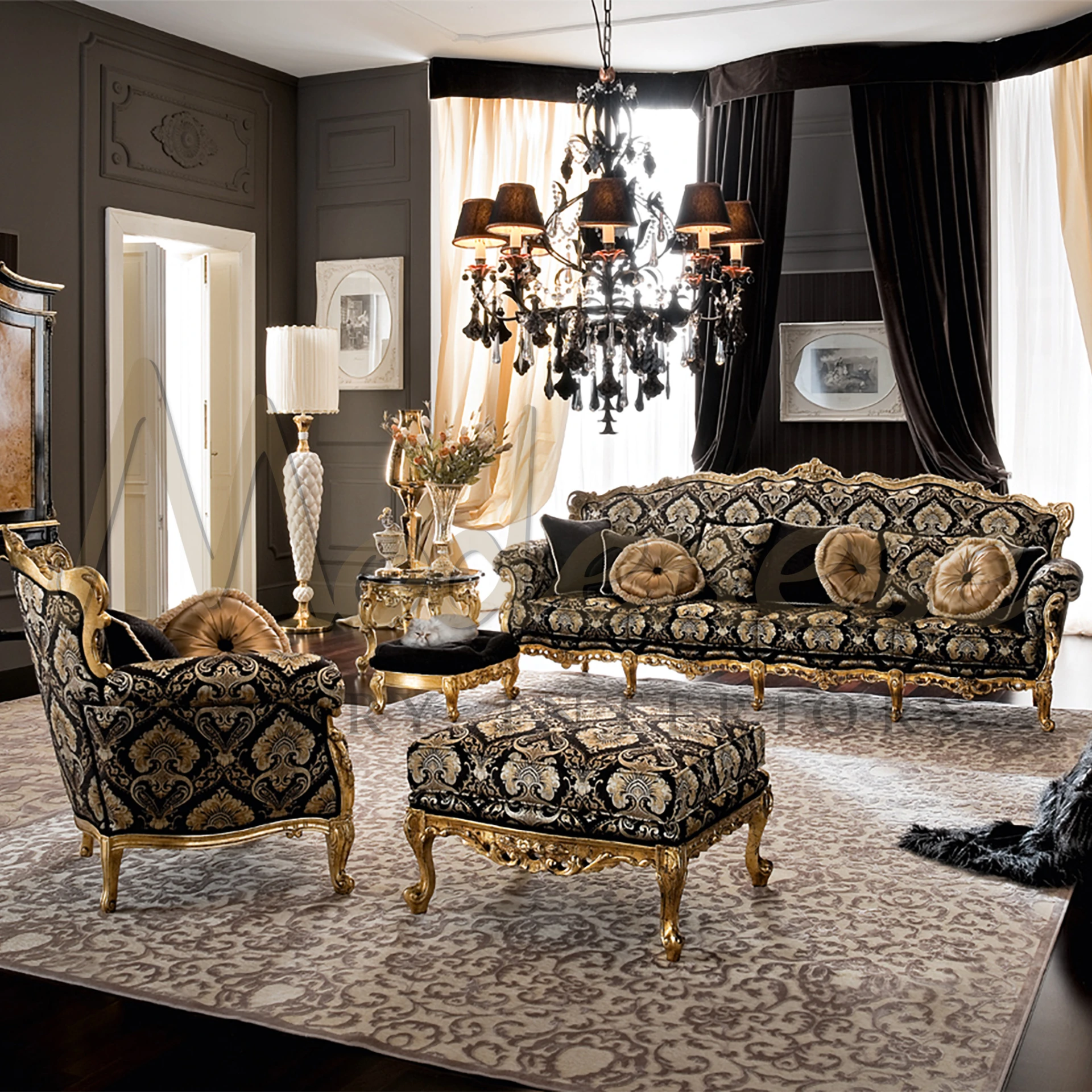 Opulent Charm: Explore Our Baroque Black Damask Pouf Collection