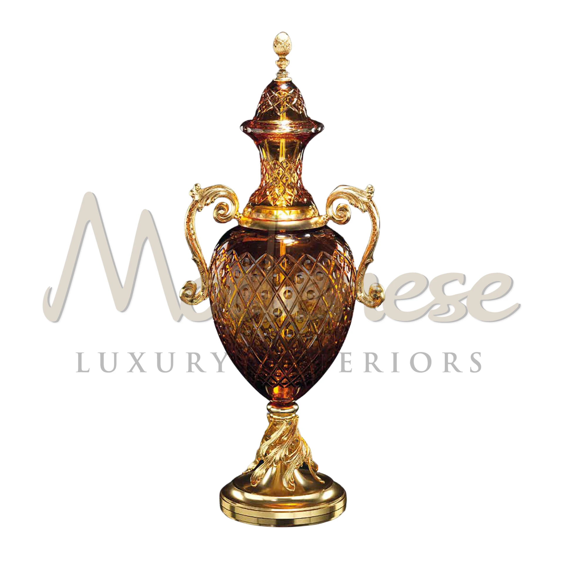 Crystal decorative vase with gold handles, showcasing elegance and luxury, with intricate etchings for a sophisticated interior.