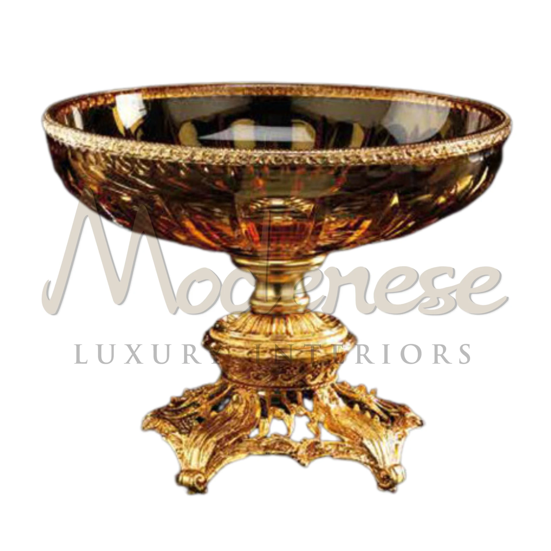 Luxurious crystal vase with gold base, blending classic and baroque elegance, ideal for sophisticated interior design.

