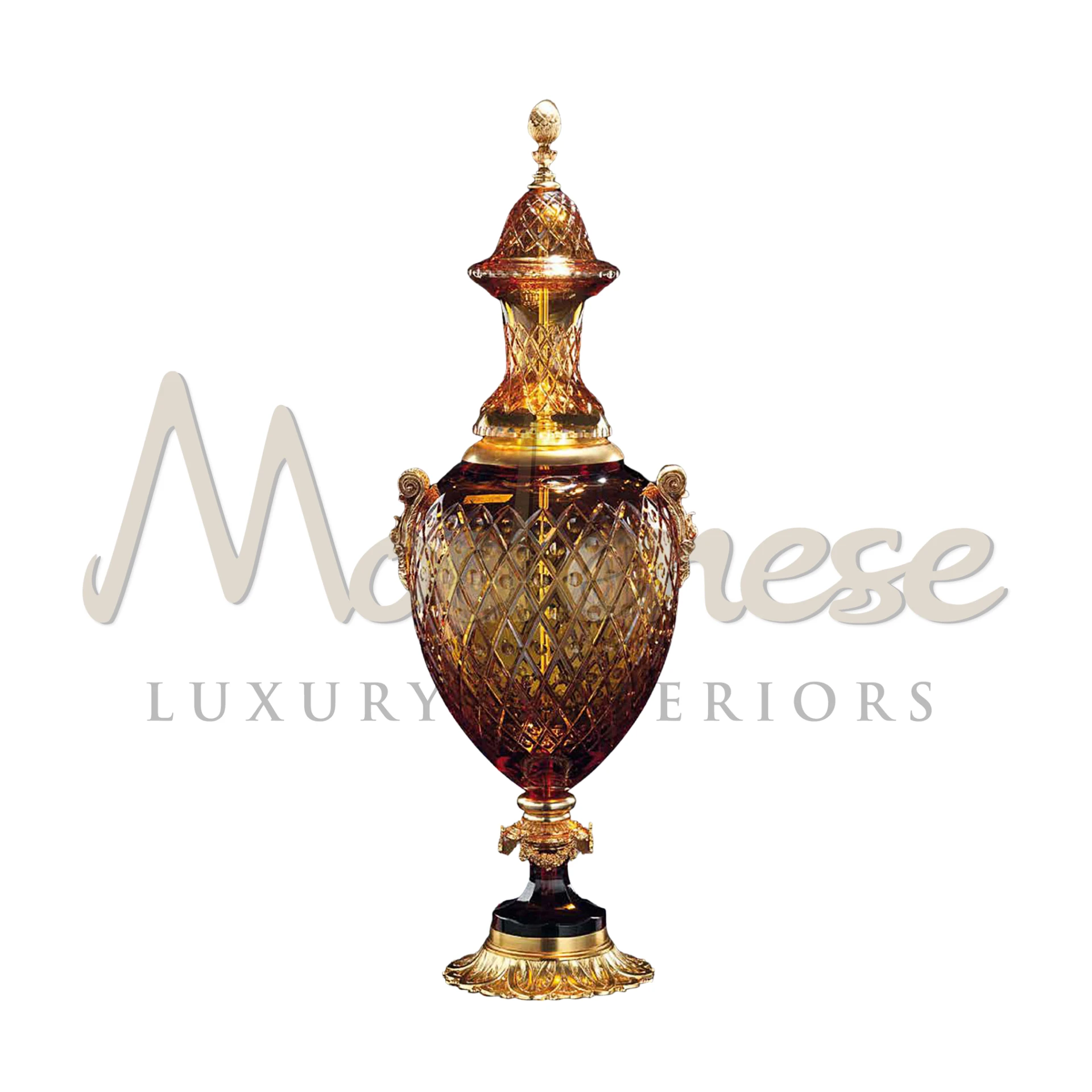 Ornate Victorian-style crystal vase with intricate etchings, ideal for adding classic elegance to luxury and baroque interior designs.