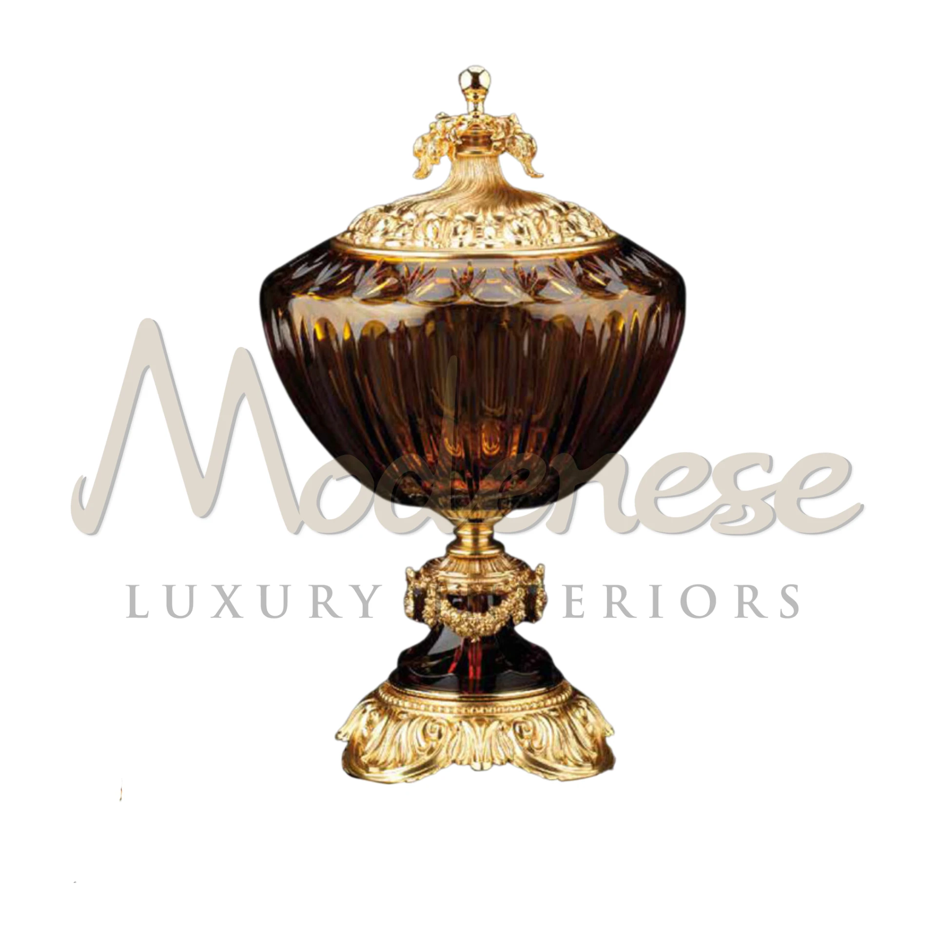 Elegant Victorian glass closed bowl with domed lid, a Modenese Furniture piece, adds sophistication to luxury interiors.







