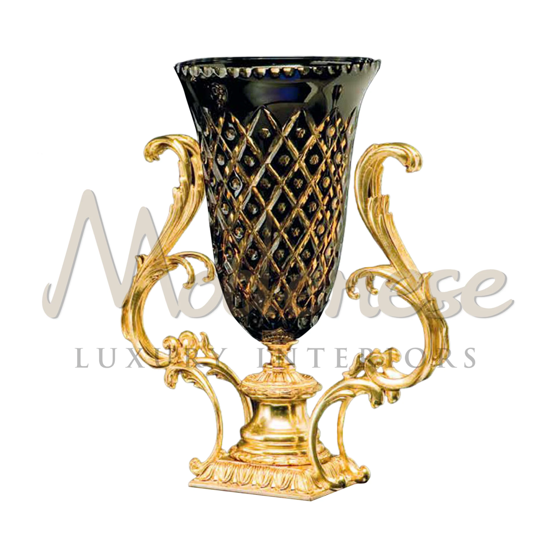 Elegant Luxury Tall Two-Handled Vase by Modenese Furniture, combining classic and baroque styles in high-quality glass.