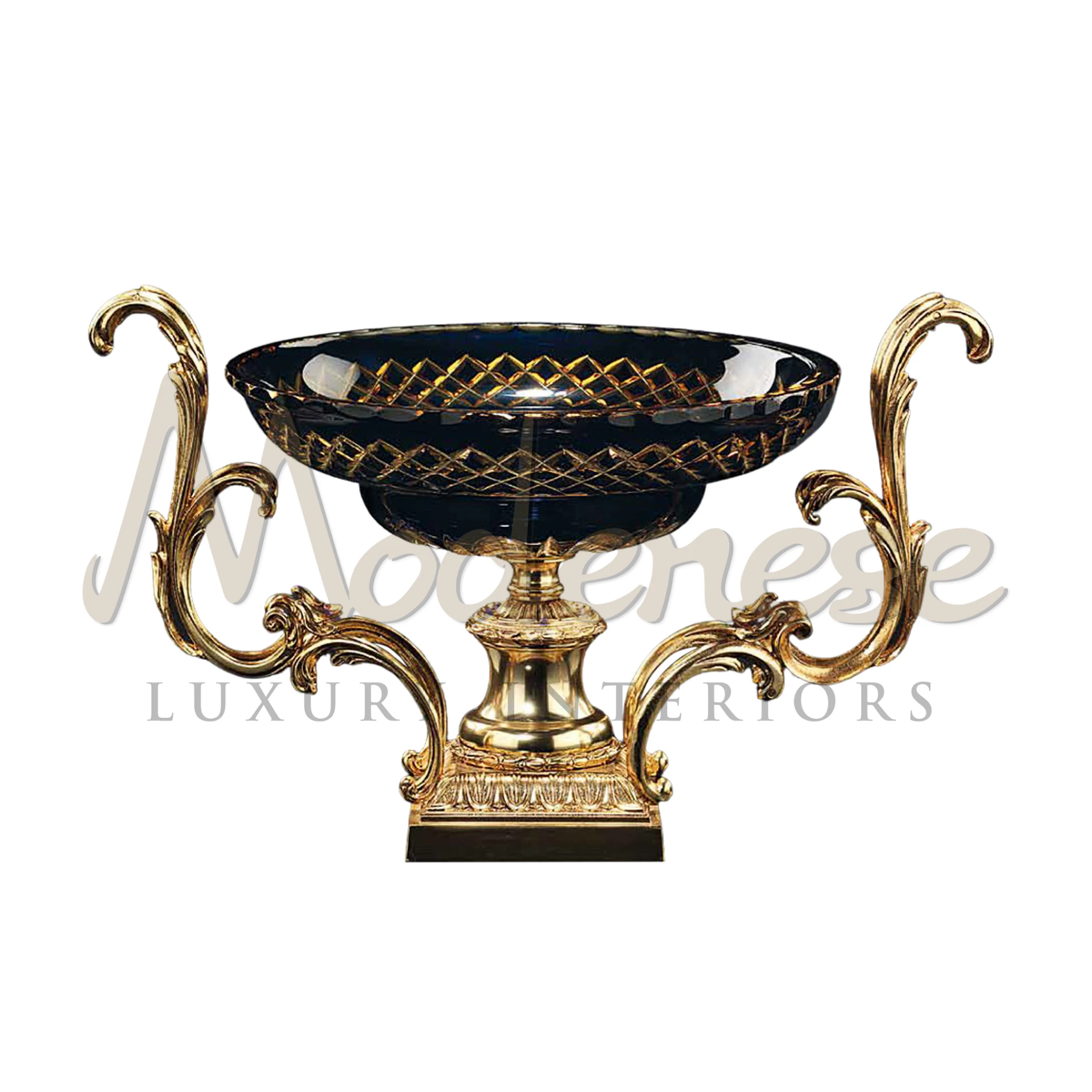 Traditional Figured Glass Bowl by Modenese, with ornate patterns and a light-reflecting finish, embodying classic luxury.
