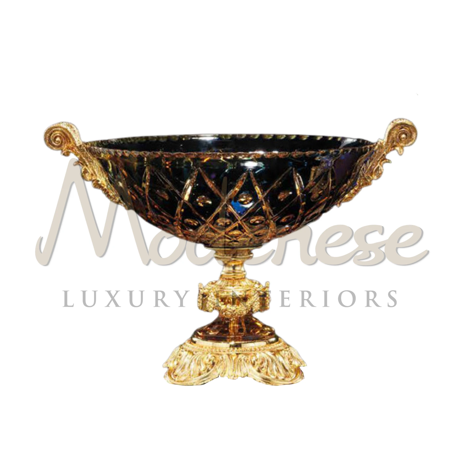 Traditional Figured Black Glass Bowl by Modenese, showcasing sophistication in high-quality black glass for luxury interiors.
