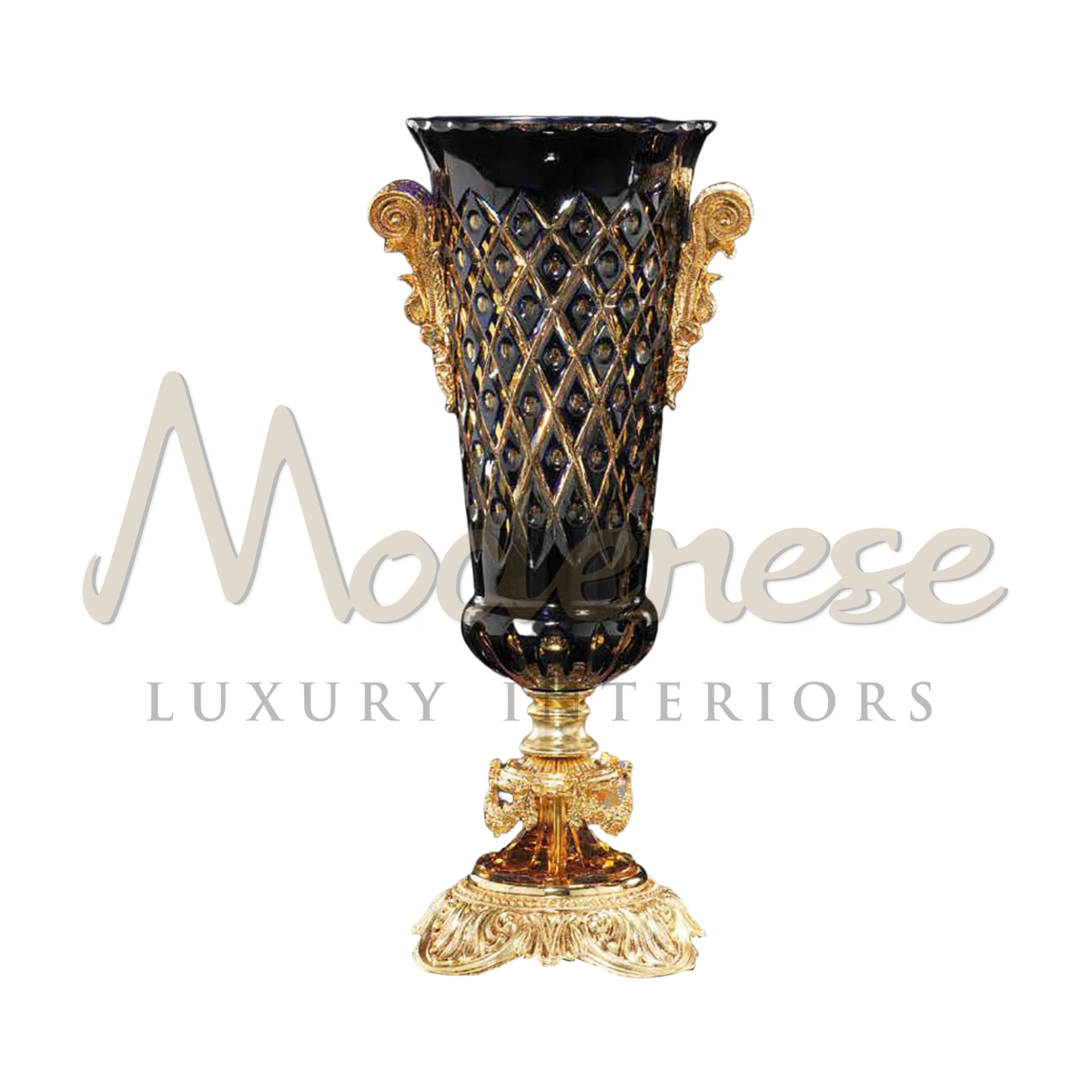 Ornate Victorian Tall Glass Vase by Modenese, embodying traditional luxury and skilled artisanship for elegant interiors.