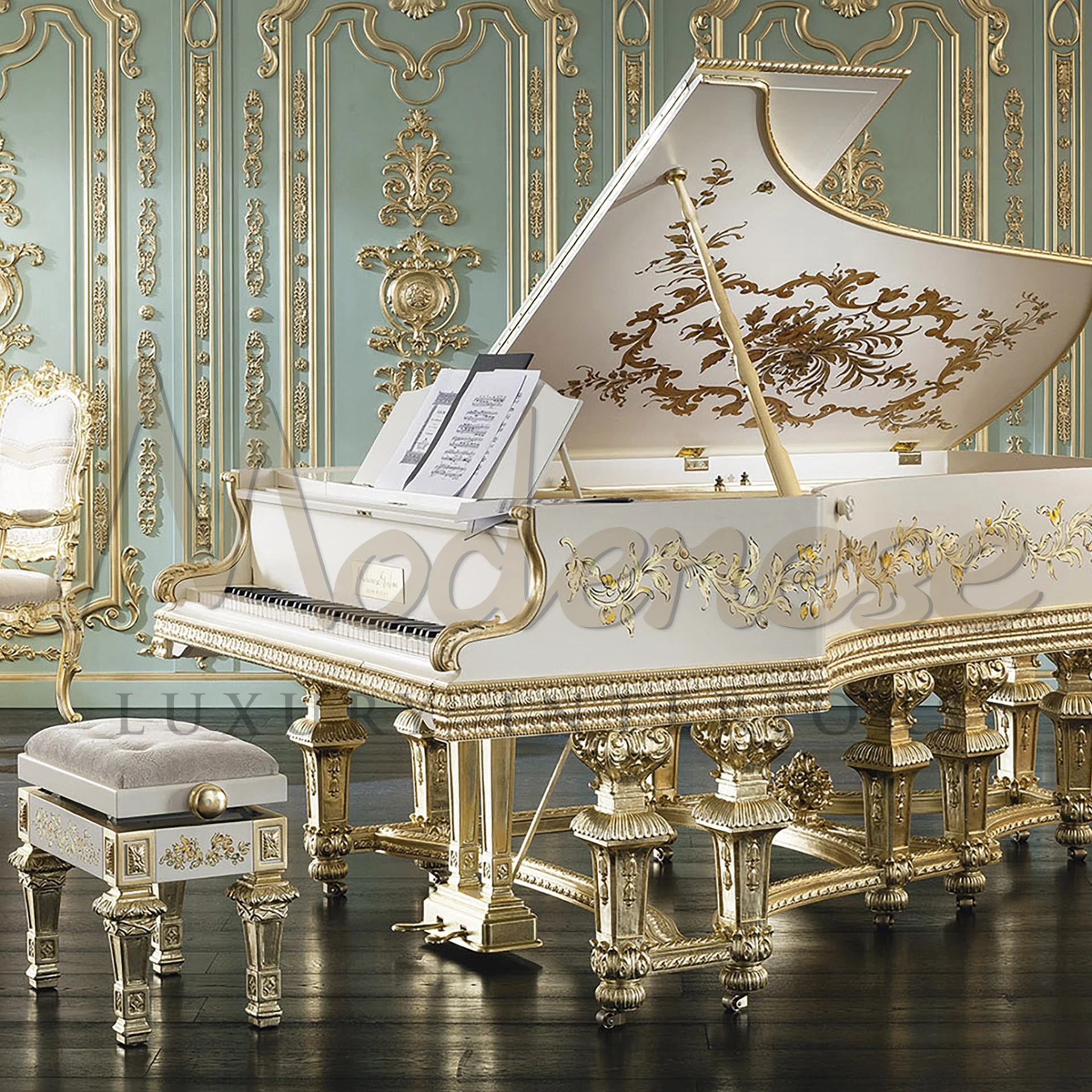 Luxury Comfort: Gold-Adorned Elegant Piano Stool