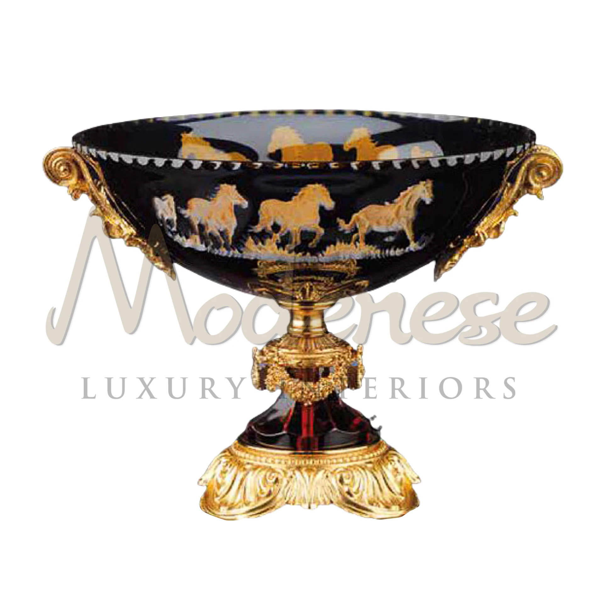 Luxury Dark Glass Bowl with horse ornamentation by Modenese, a statement piece that exudes sophistication and classic elegance.