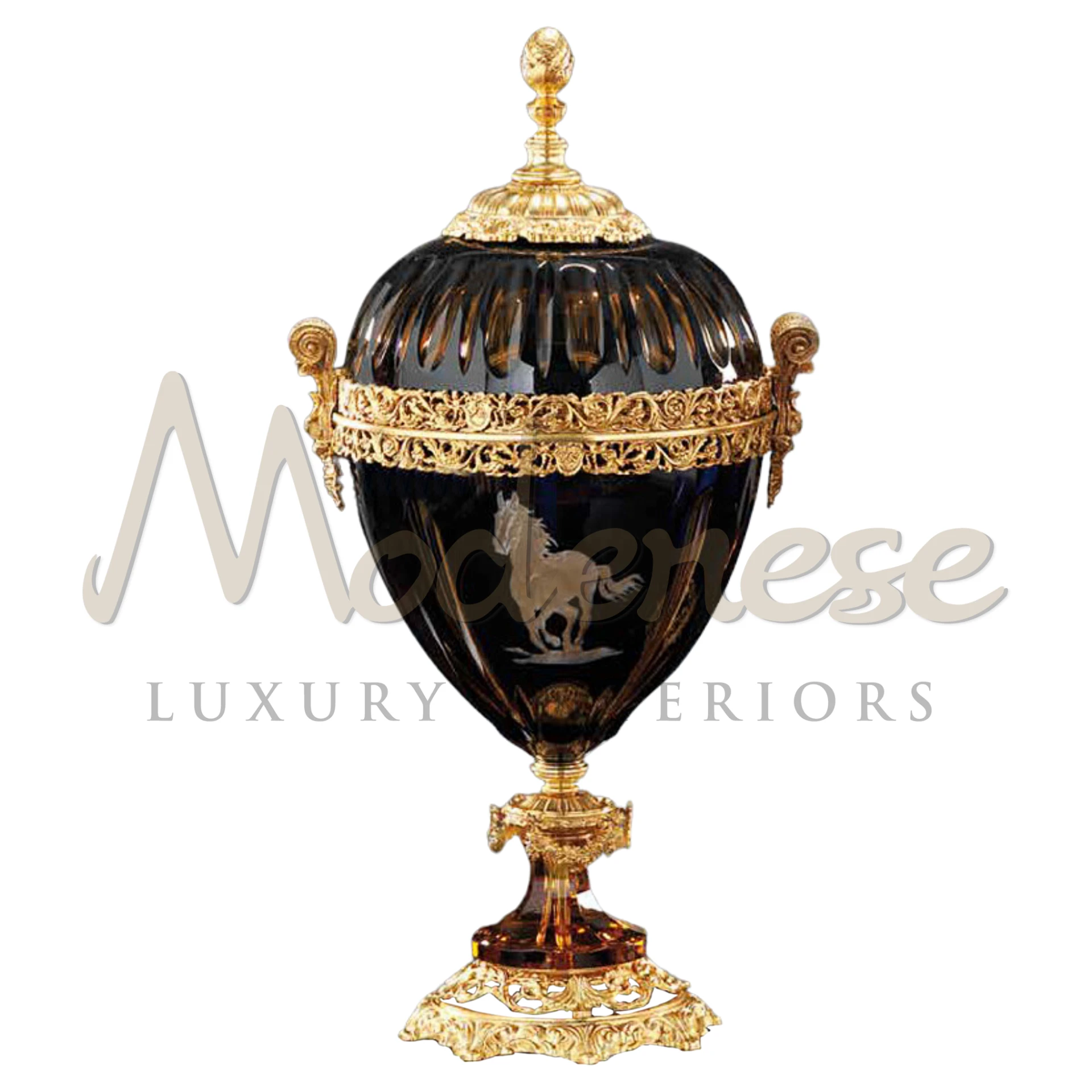 Modenese Gorgeous Horse Ornamented Glass Vase, a luxury piece fusing glass elegance with classical horse design.
