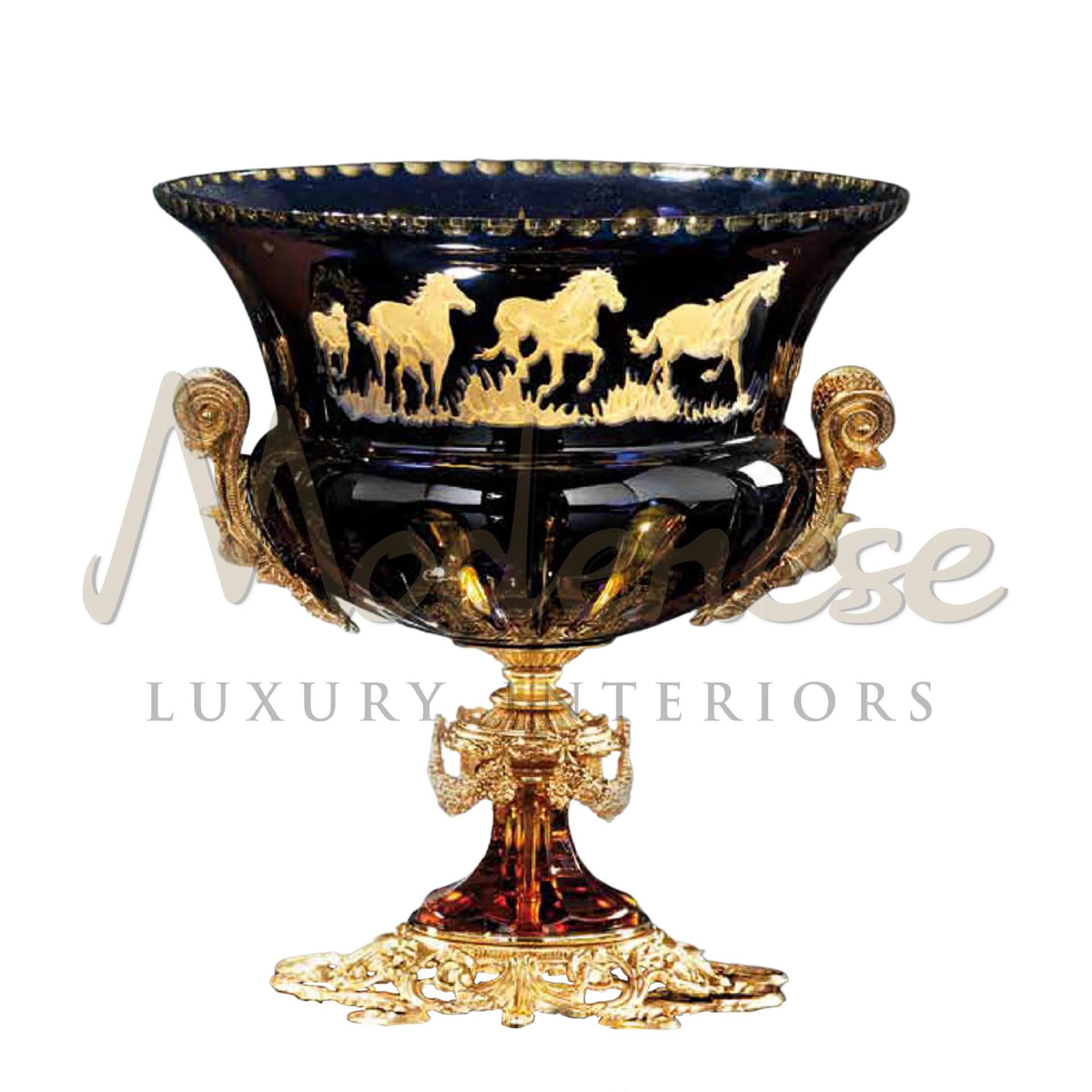 Classical Horse Ornamented Glass Vase by Modenese, blending ancient art with modern luxury for sophisticated interiors.