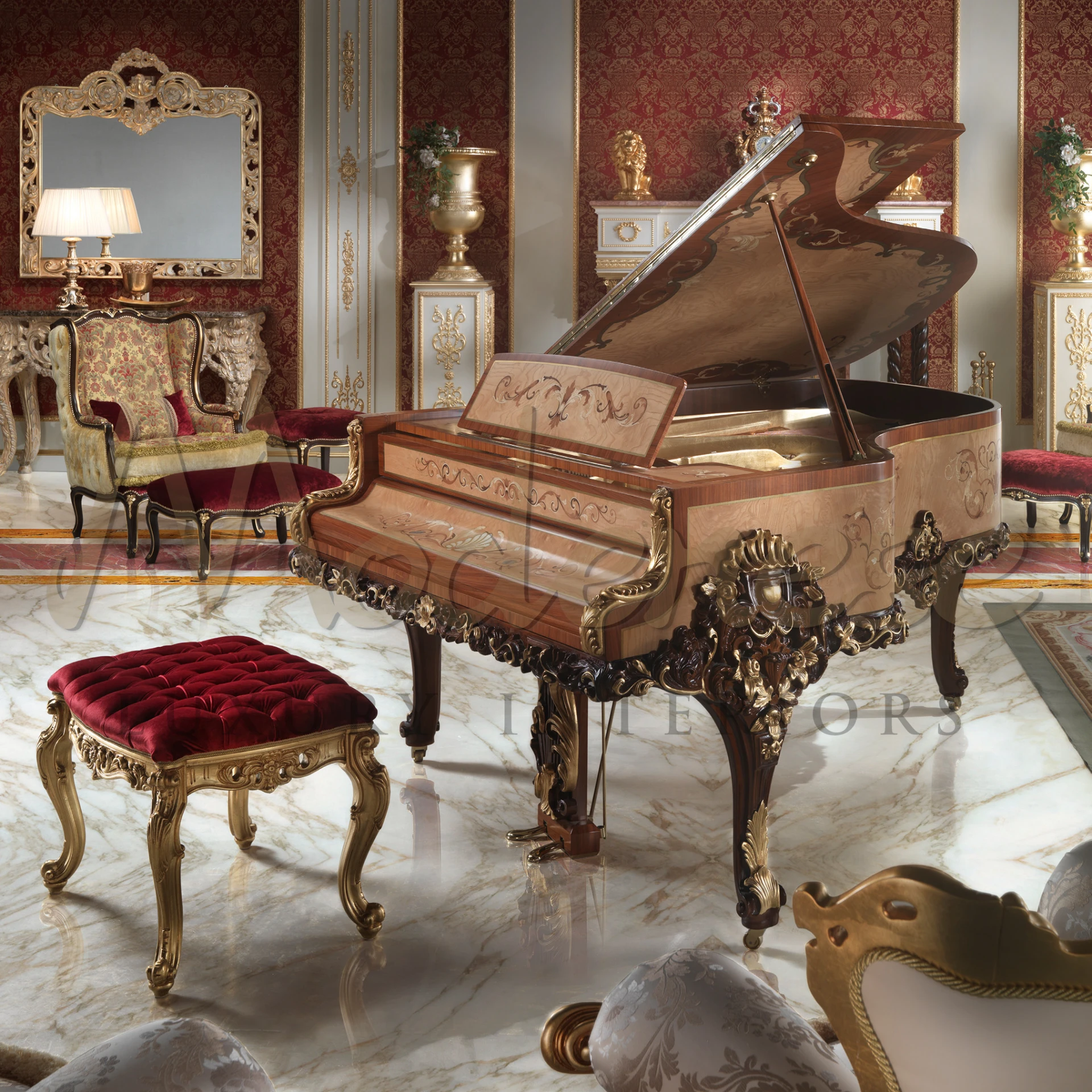 Regal Comfort: Explore Our Capitonné Red Velvet Piano Stool Collection