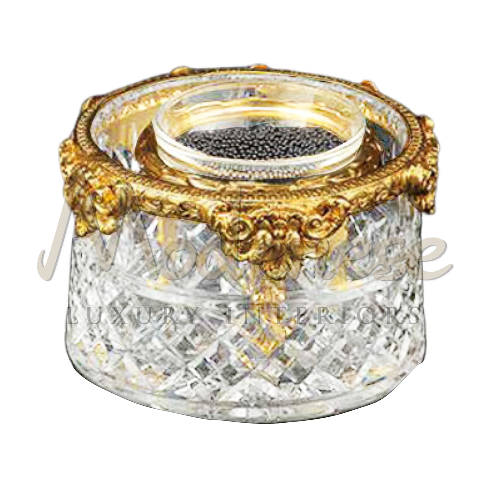 Caviar Box, elegantly gilded with gold, showcasing intricate designs, embodies luxury interior design with classic and baroque sophistication.