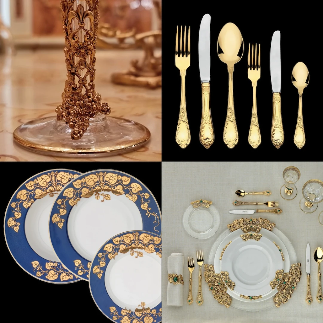 Ornamental plates and cutlery for elegant dining experience with Modenese accessories tableware