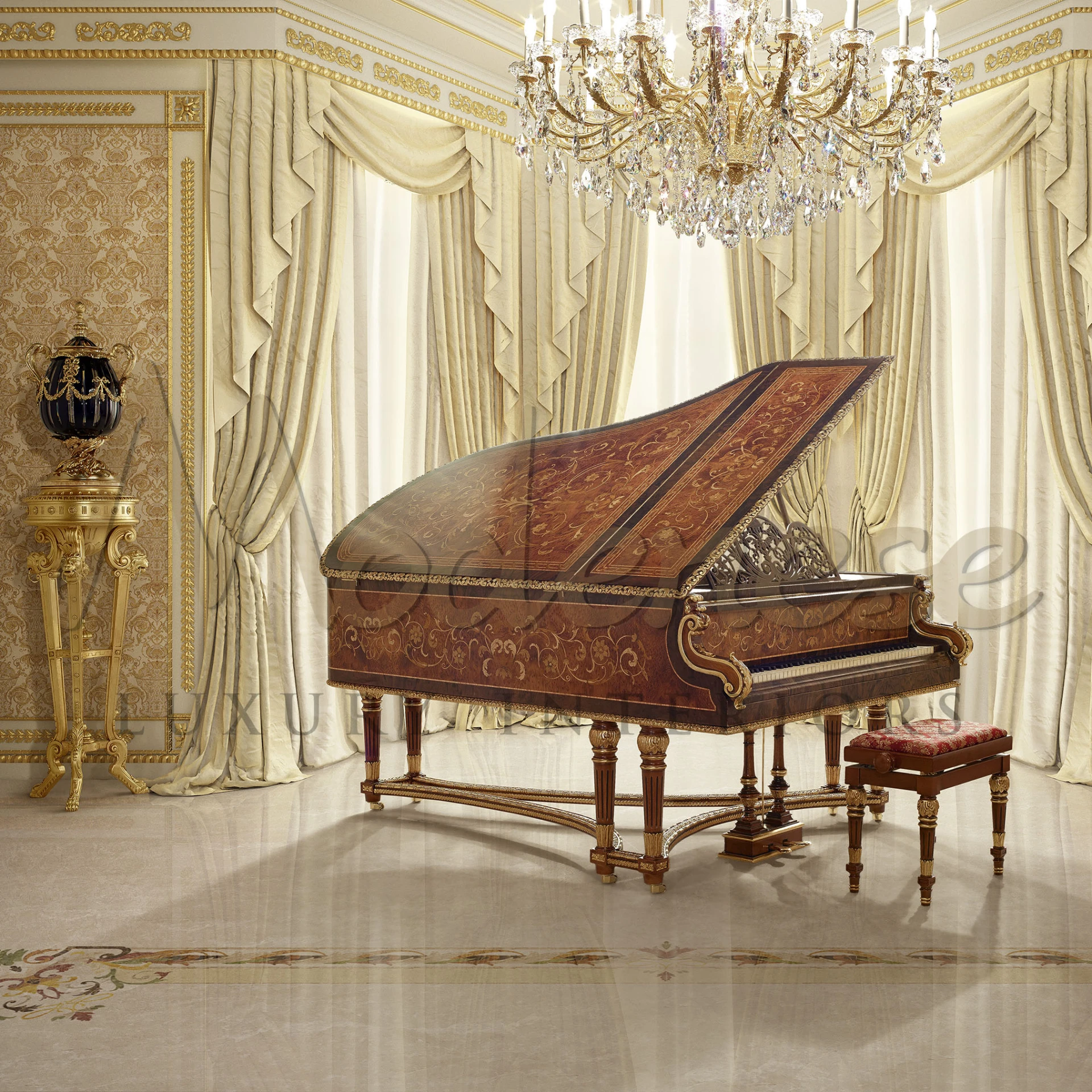 Regal Charm: Explore Our Damask Fabric Imperial Piano Stool Collection