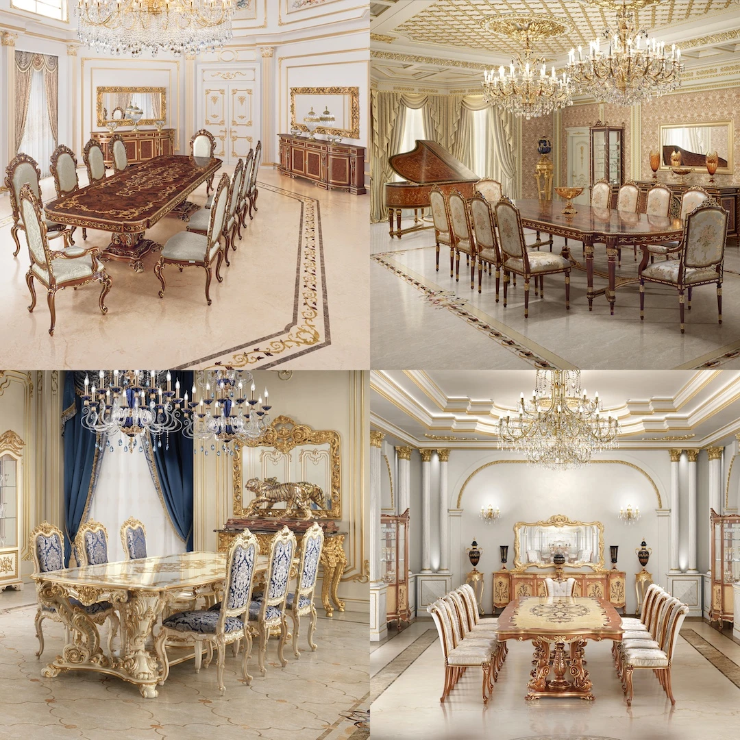 Дизайн столовой для классических дворцов и вилл с мебельными столами и стульями ручной работы из Италии