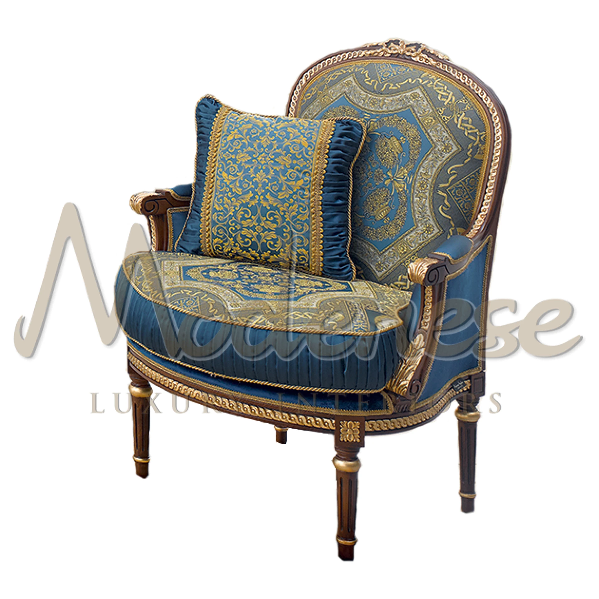 Royal Blue Classic Armchair, handcrafted with baroque and Venetian style elements for luxury interior design.