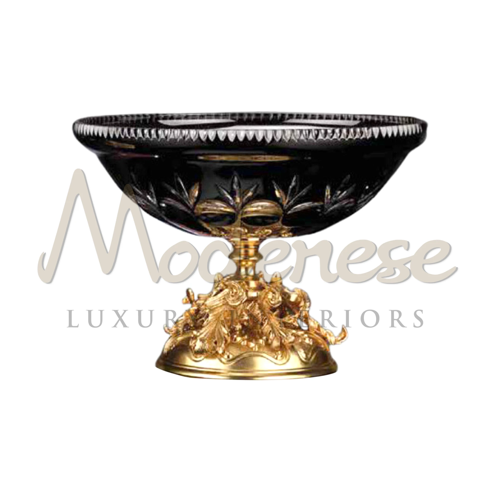 Victorian Pedestal Black Bowl in opaque glass with intricate carvings, a symbol of Victorian elegance, ideal for luxury interiors with a classic or baroque flair.






