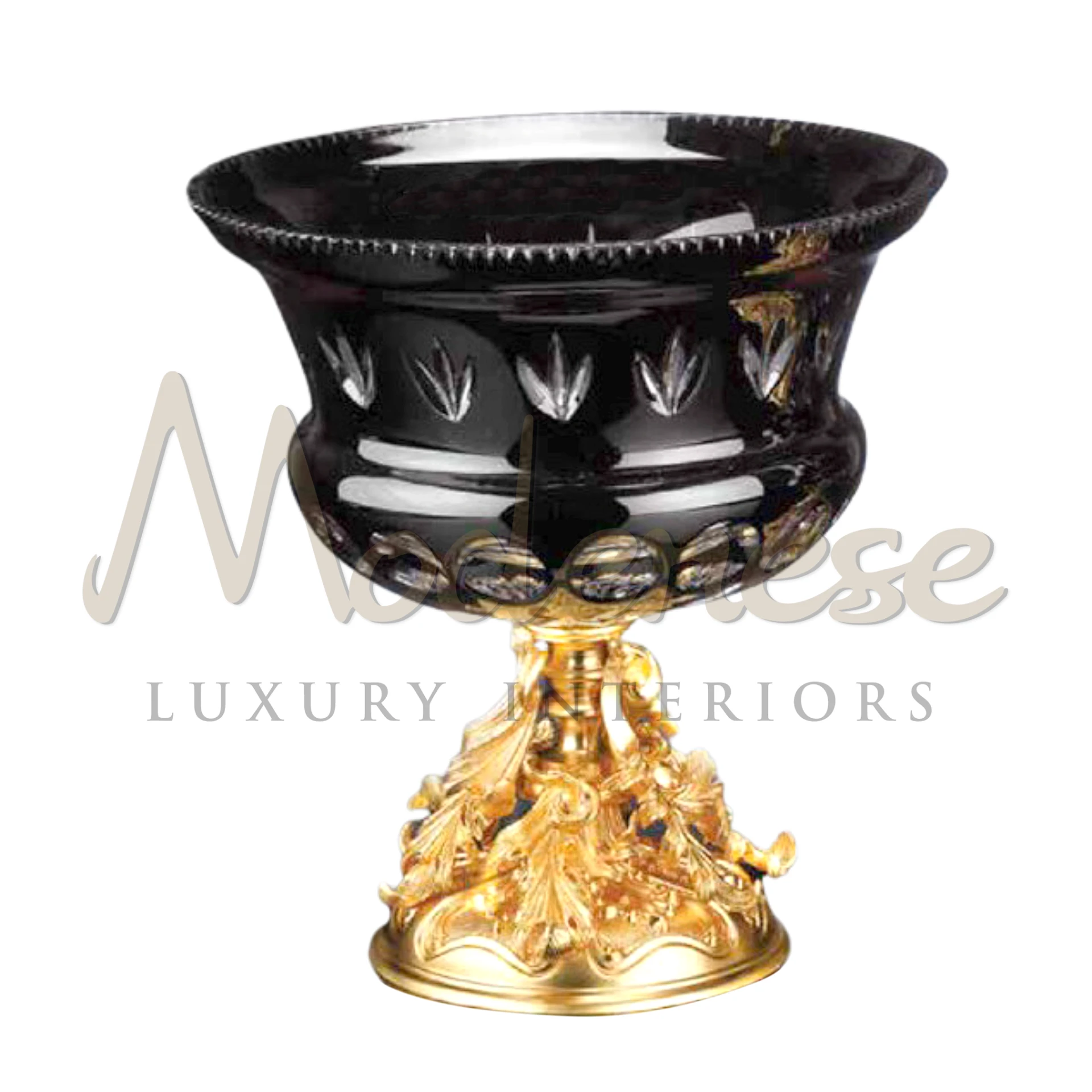 Imperial Pedestal Black Bowl, showcasing luxury and elegance with its intricate pedestal base and striking black material, ideal for high-end interior design.






