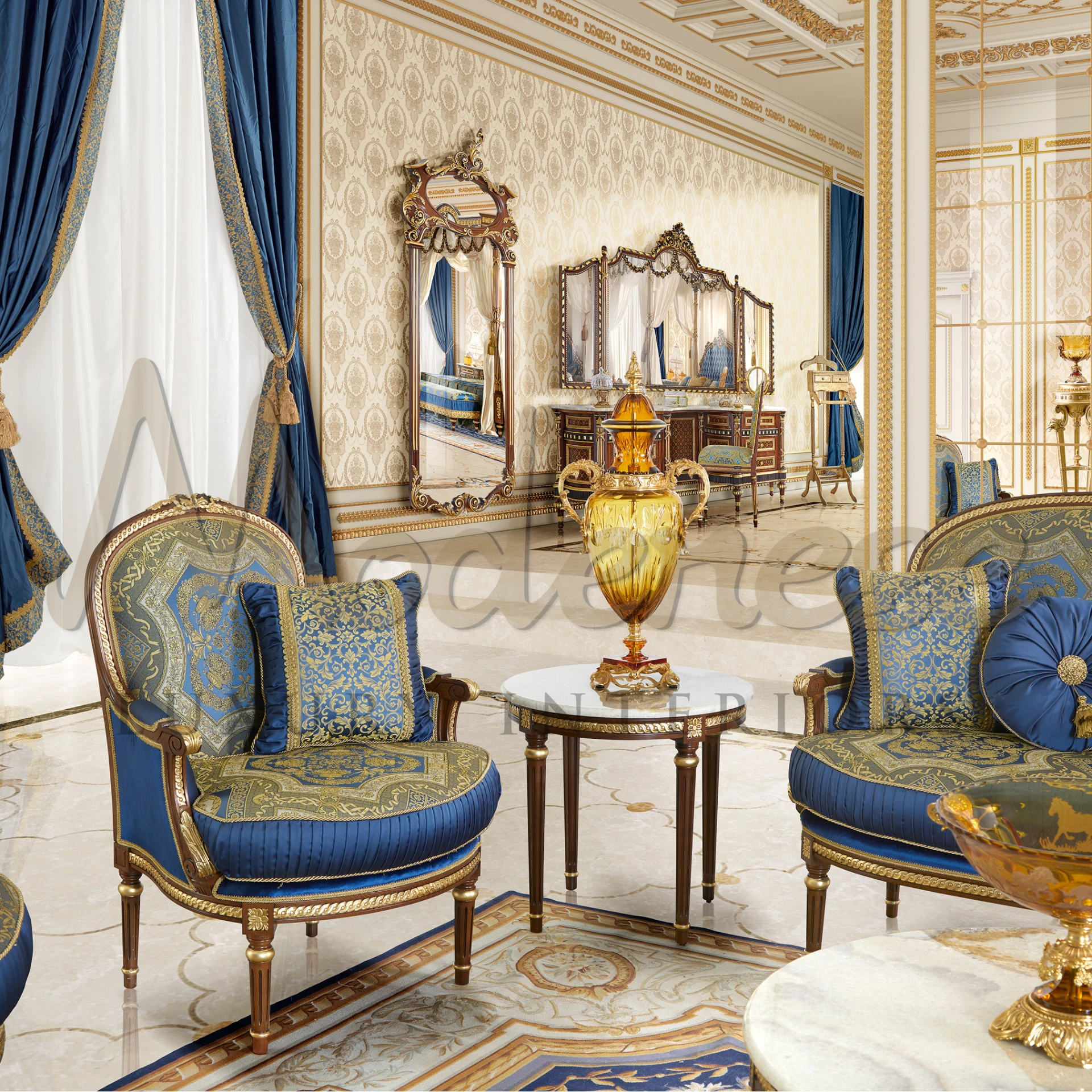 Opulent royal blue classic armchair with refined decorations, embodying the essence of classic furniture design.
