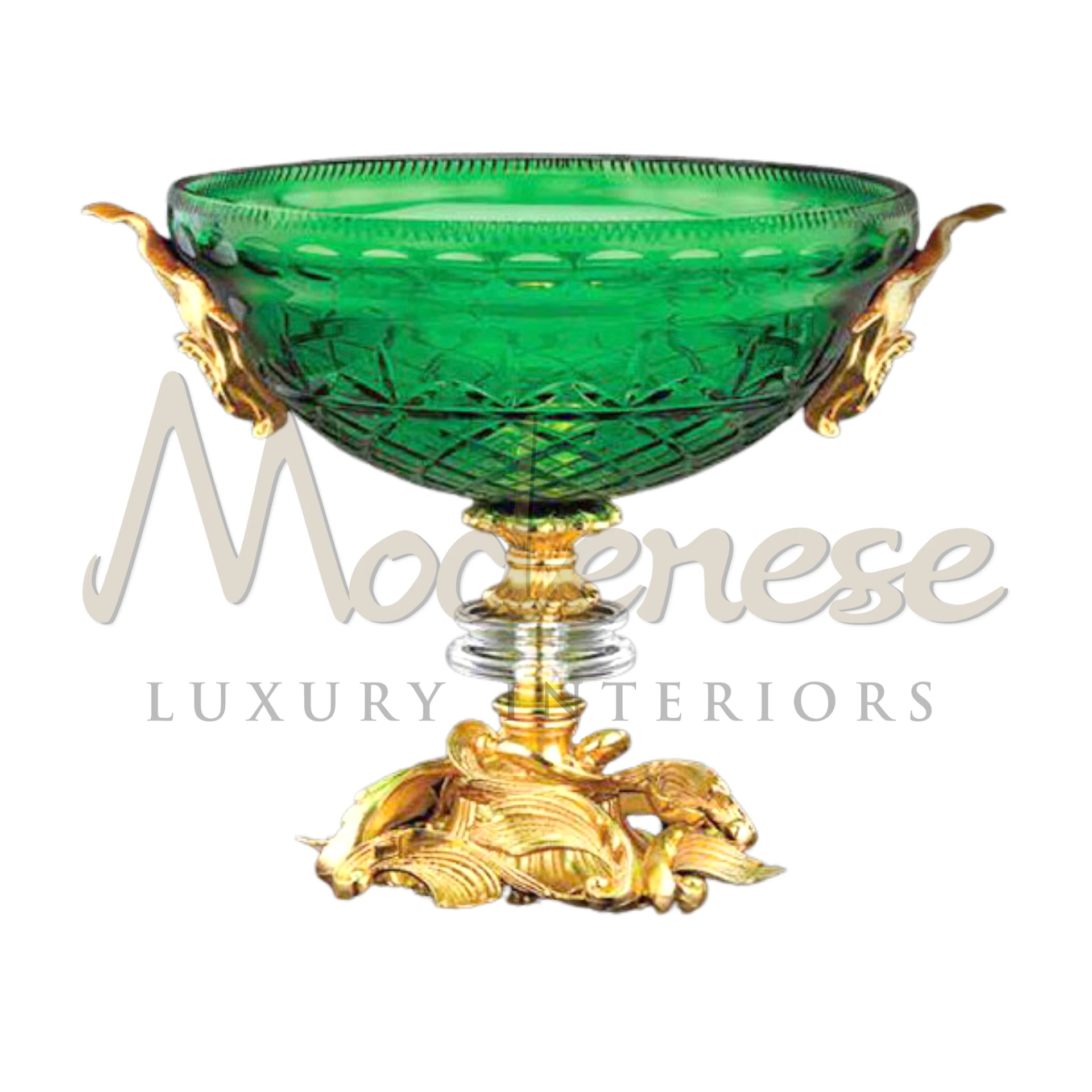 Classical Green Glass Bowl in Baroque style, perfect for luxury interior design, showcasing smooth curves and symmetrical etched glass.
