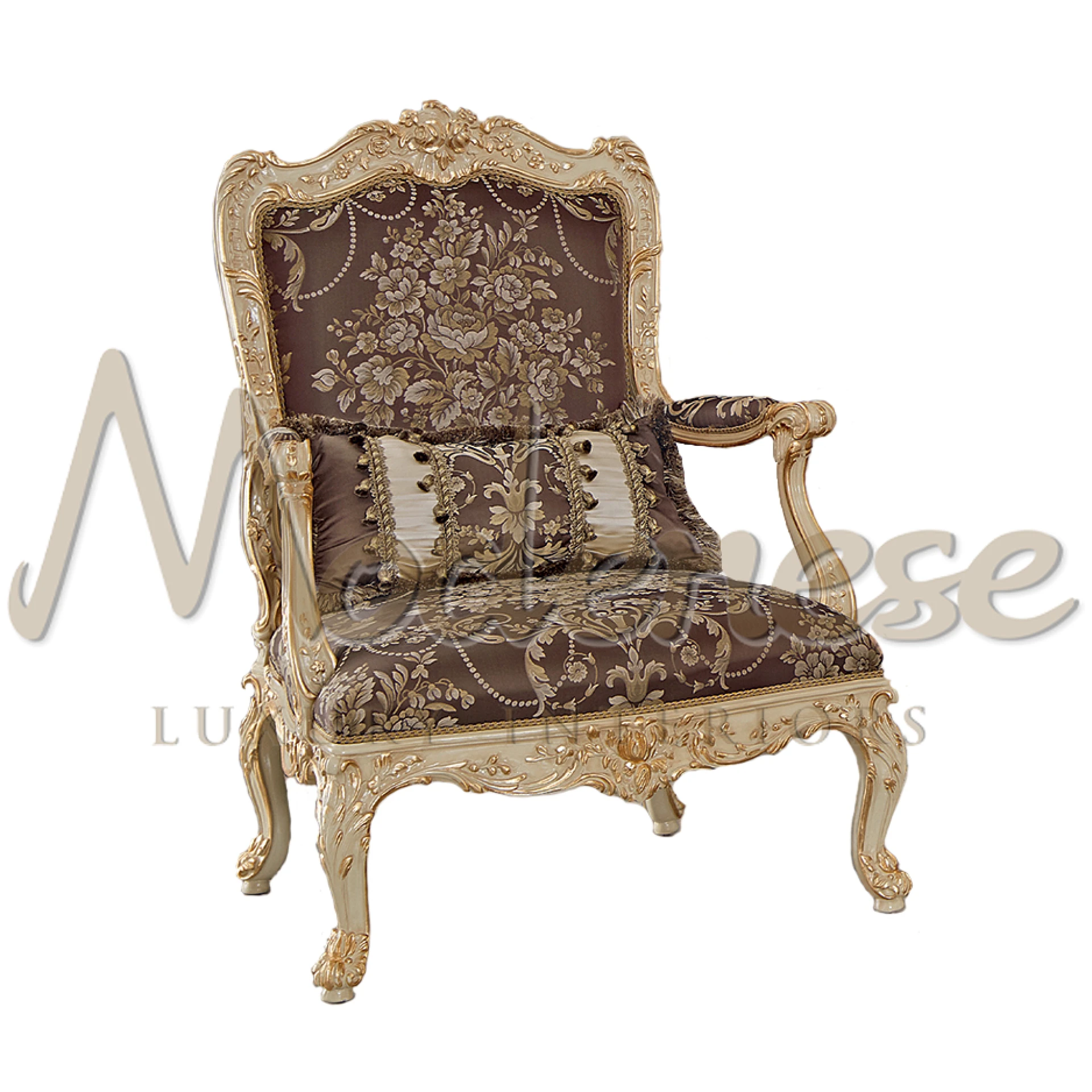 Dutch Brown Cream Armchair by Modenese: Luxurious Italian-style seating with golden details and solid wood frame.