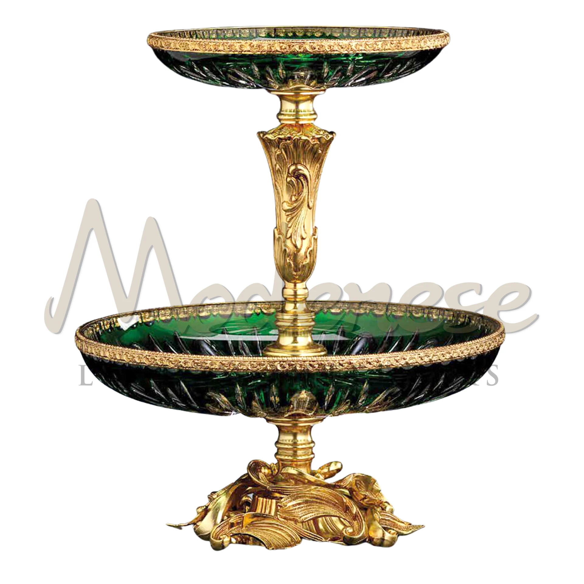 Classical Double Deck Green Glass Bowl with intricate patterns, crafted to add elegance and sophistication to luxury interiors, embodying classical style.






