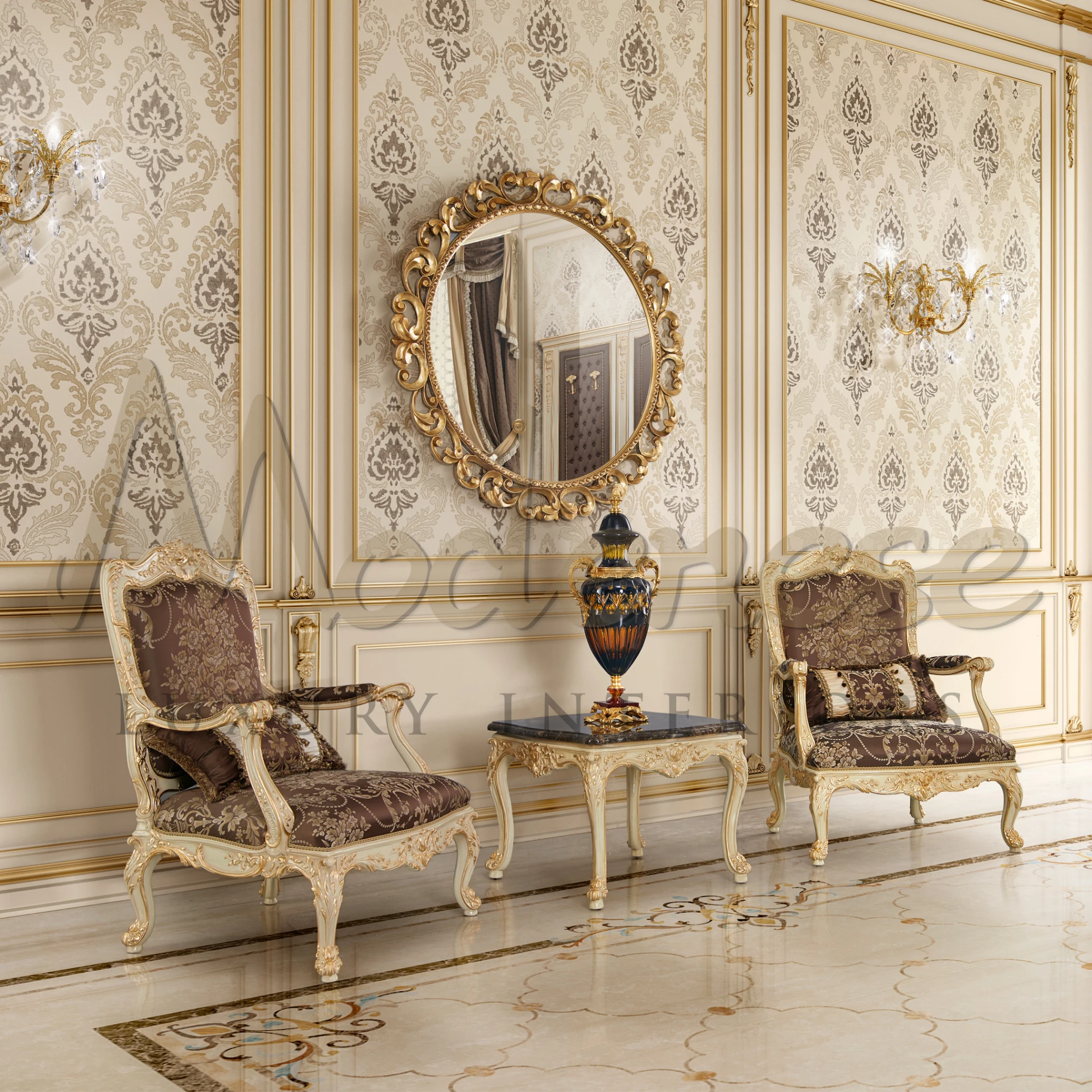 Elegant and comfortable Dutch Brown Cream Armchair with venetian flair and golden accents, a masterpiece of Modenese Furniture.