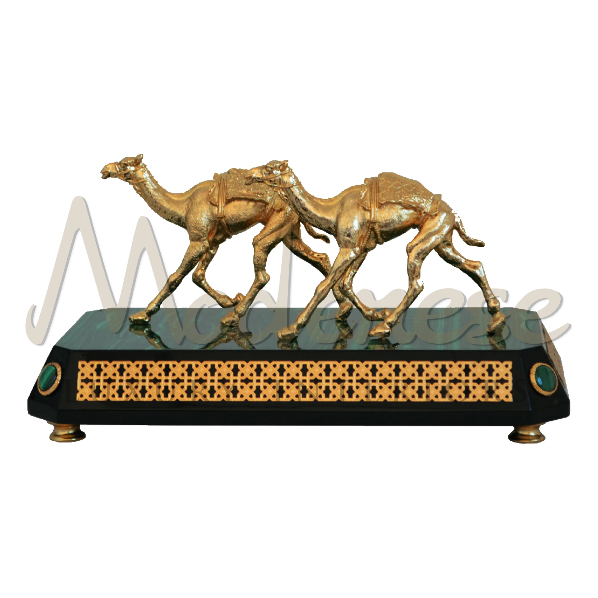 Intricately designed Gold Leaf Camel Statuette, perfect for luxury home décor, symbolizing resilience and adaptability.