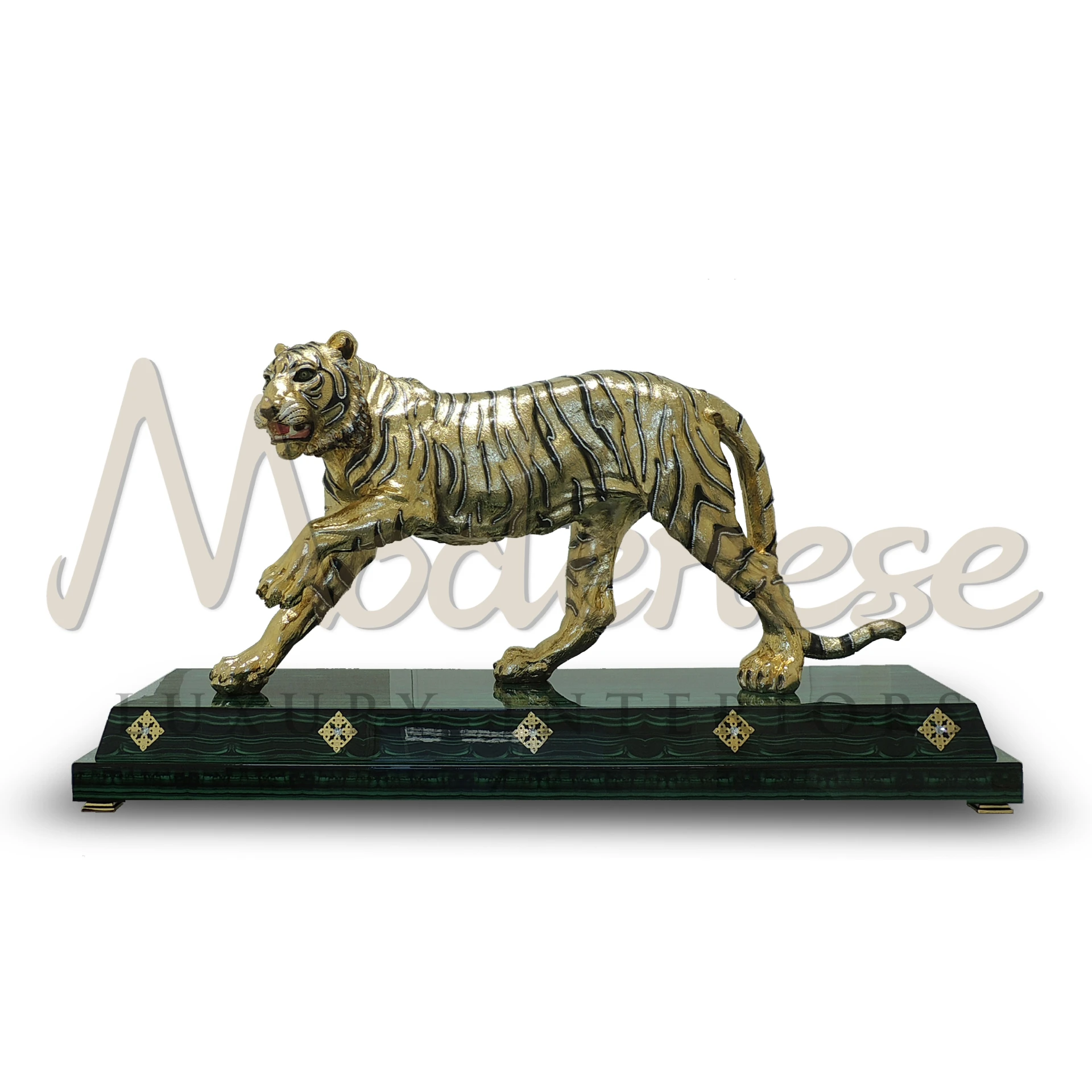 Elegant Royal Tiger Sculpture, intricately detailed in brass or bronze, embodying the regal essence of the tiger in luxury home settings.