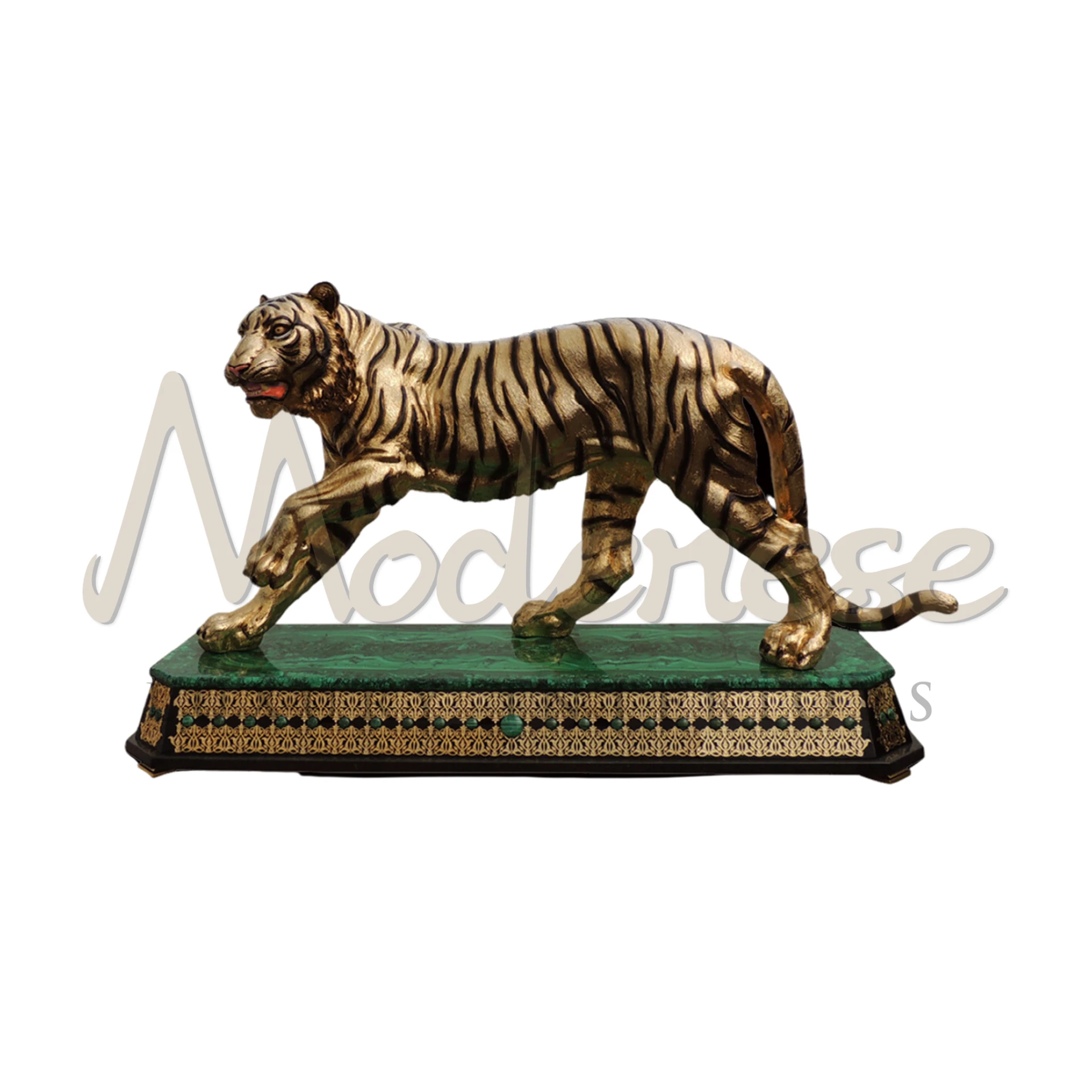 Dynamic Powerful Golden Tiger statuette, with detailed fur texture and lifelike poses, embodying luxury and strength in high-end home décor.
