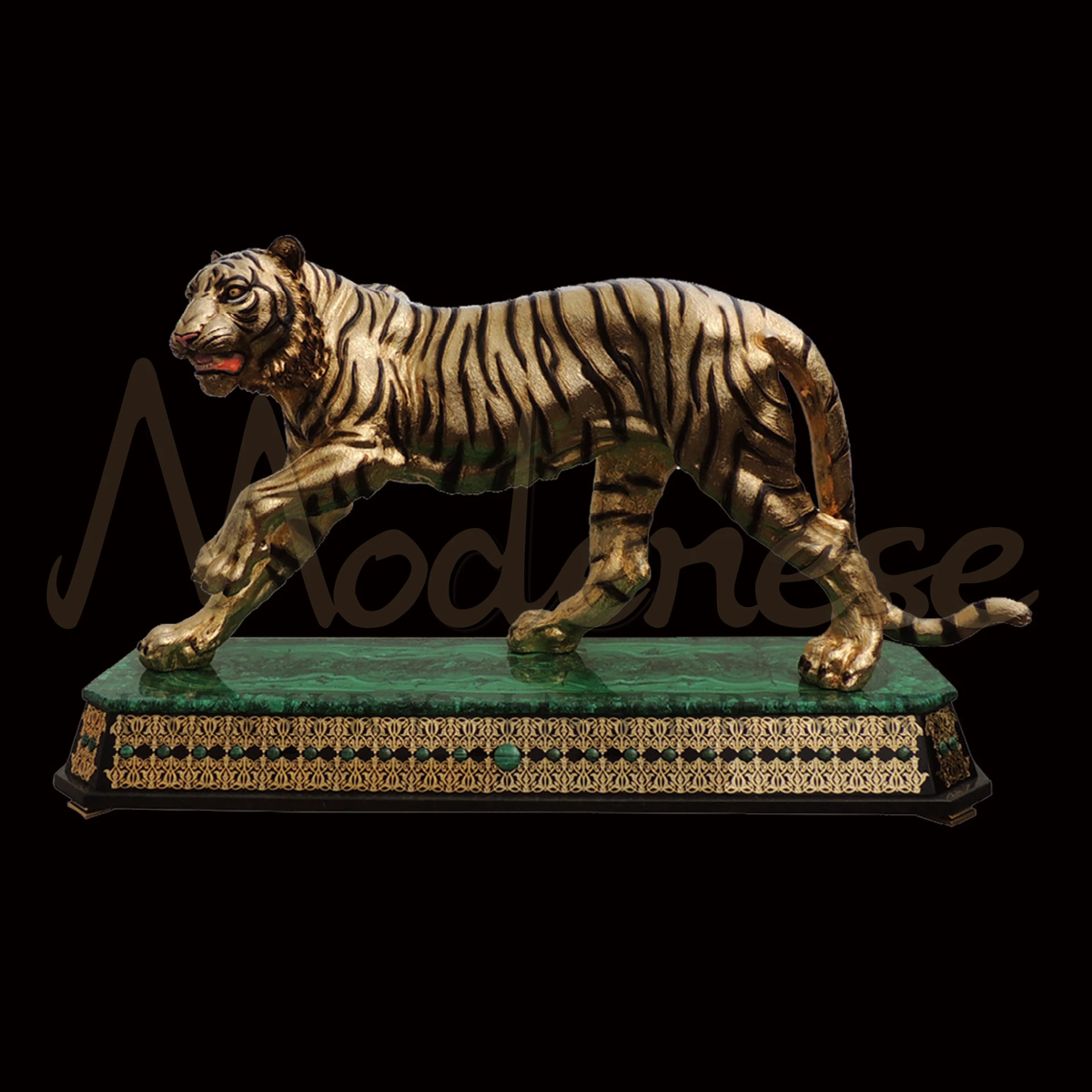 Majestic Golden Tiger Sculpture, capturing the essence of power and elegance in exquisite detail, ideal for sophisticated and luxurious interior design.