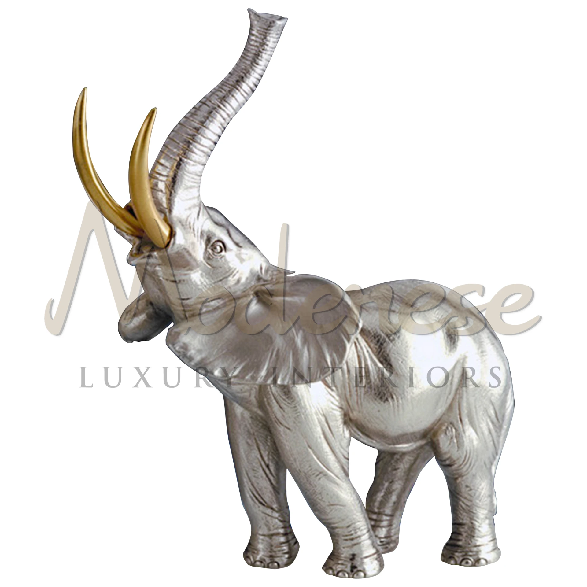 Elegant Silver Elephant statue, masterfully crafted in high-quality materials, capturing the gentle giant's majestic and peaceful essence for luxury home décor.






