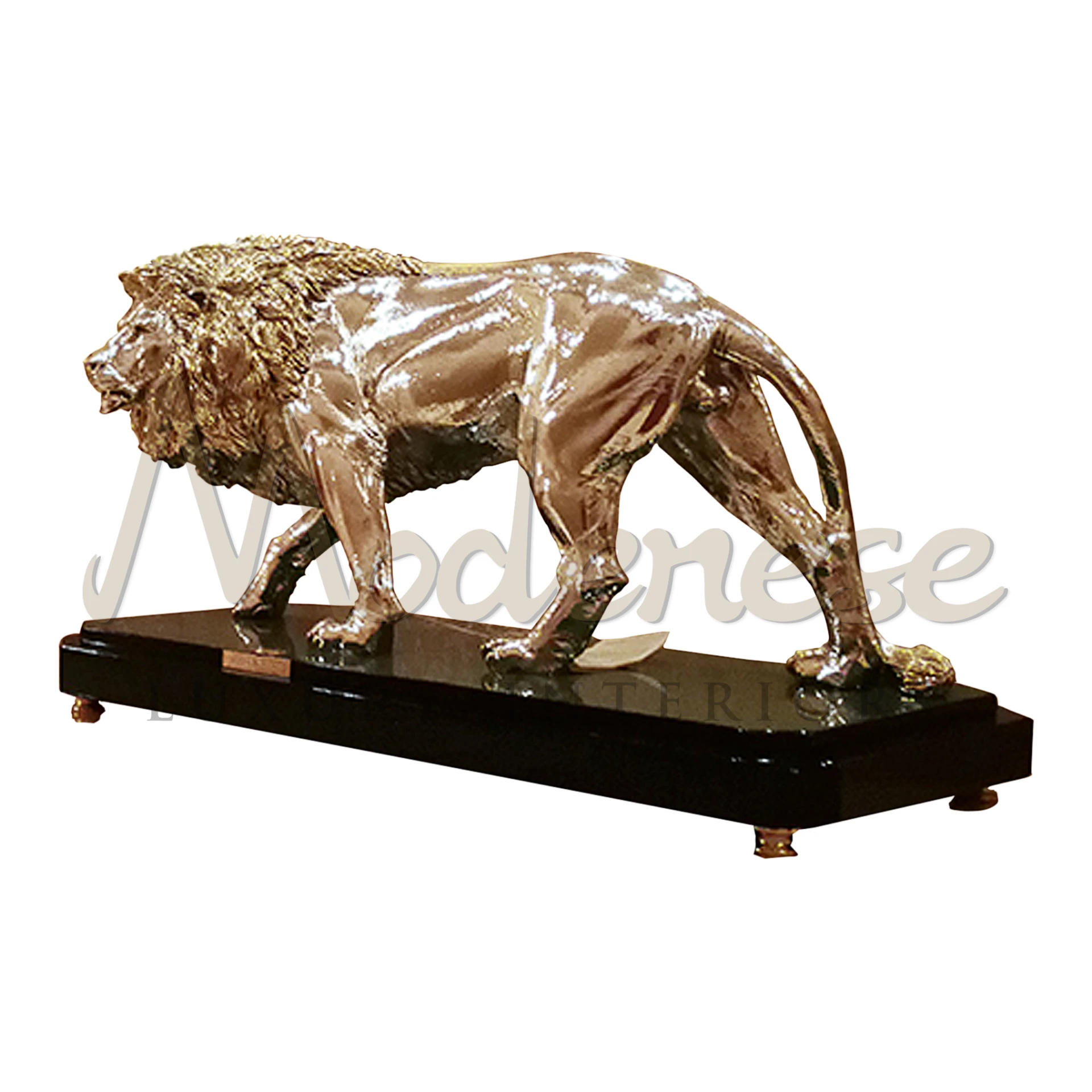 Exquisite Powerful Lion statuette with gold leaf finish, embodying classic style and majesty for luxury interior design.