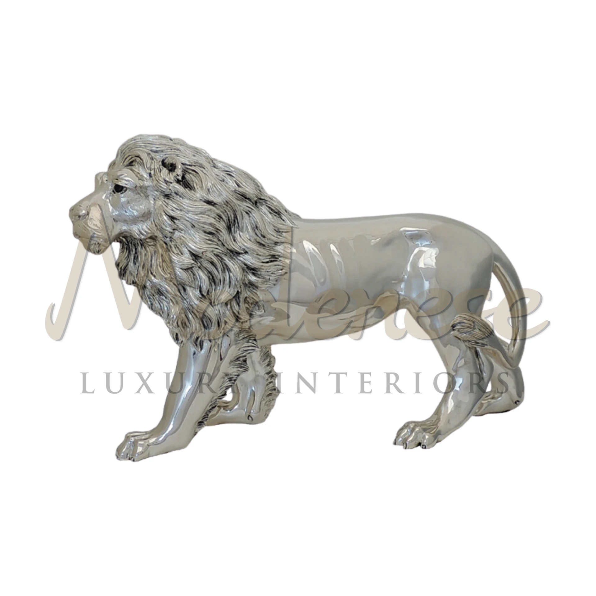 Luxury Silver Lion statuette in elegant design, crafted with detailed silver plating, ideal for sophisticated interior design and upscale home décor.