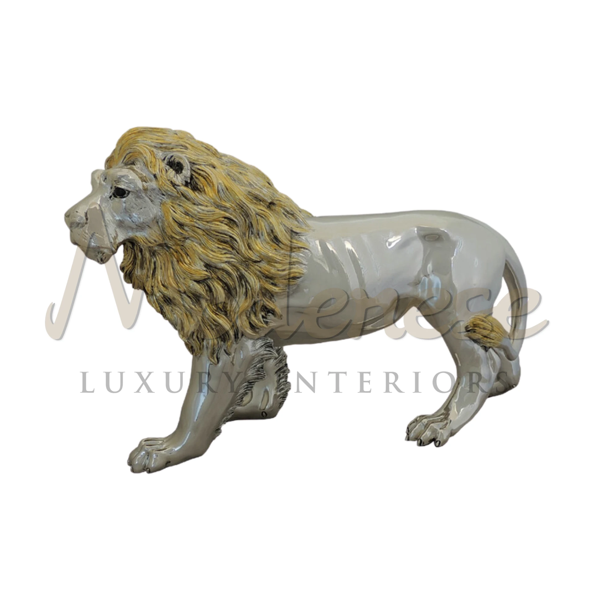Royal Silver Lion statuette, a luxurious and elegant design symbolizing strength, ideal for classic and baroque style luxury home décor.