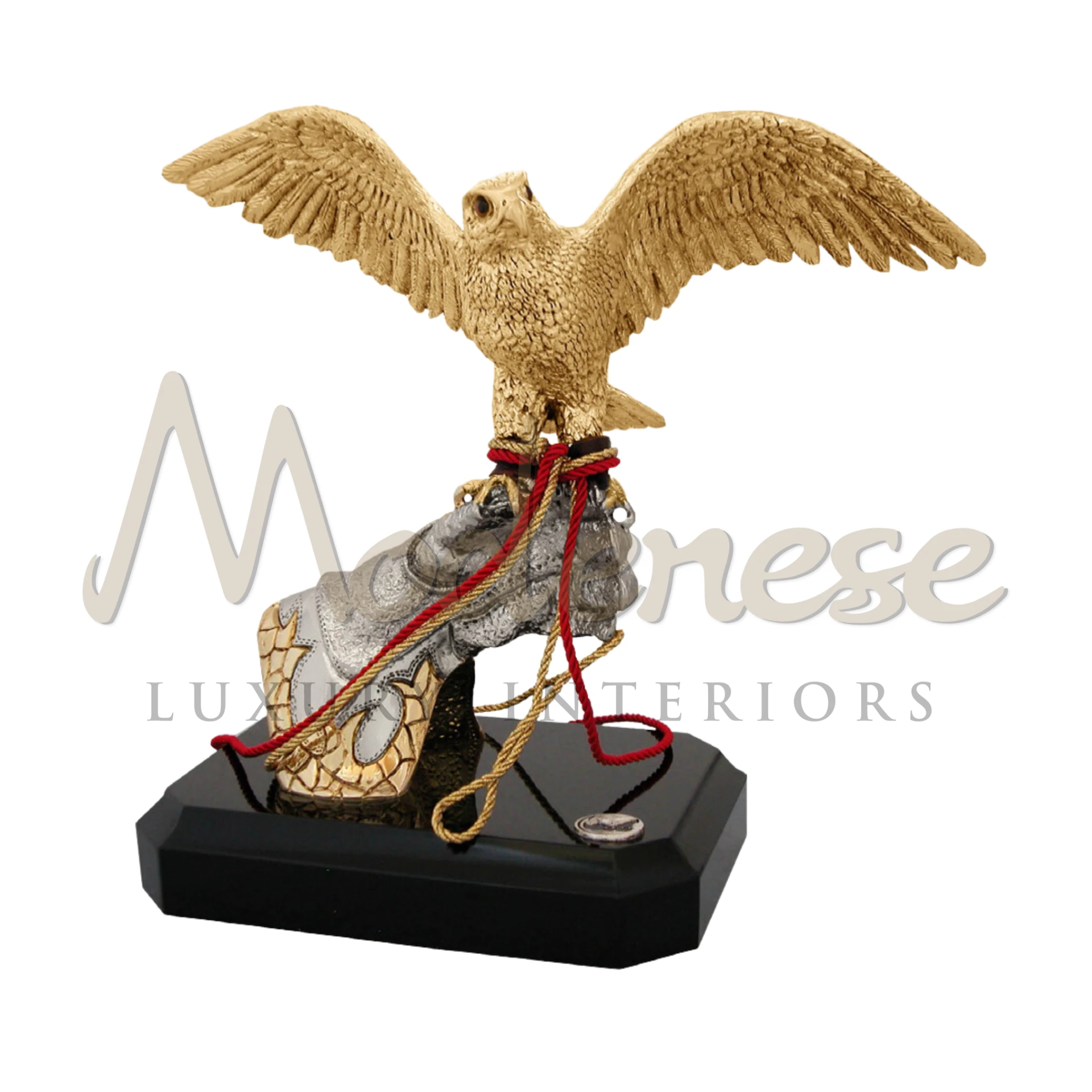Imperial Gold Falcon statuette, intricately detailed in gold, brass, or bronze, perfect for luxury interior design.
