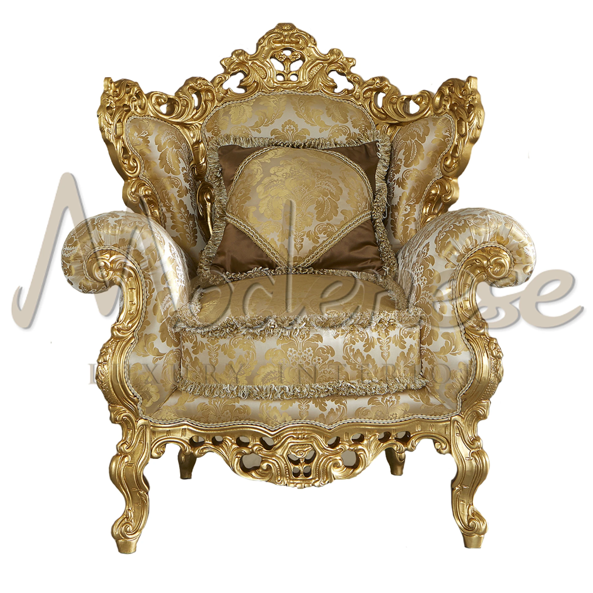 Luxurious Baroque Armchair with gold leaf carvings, showcasing Italian craftsmanship for a royal and elegant interior design.
